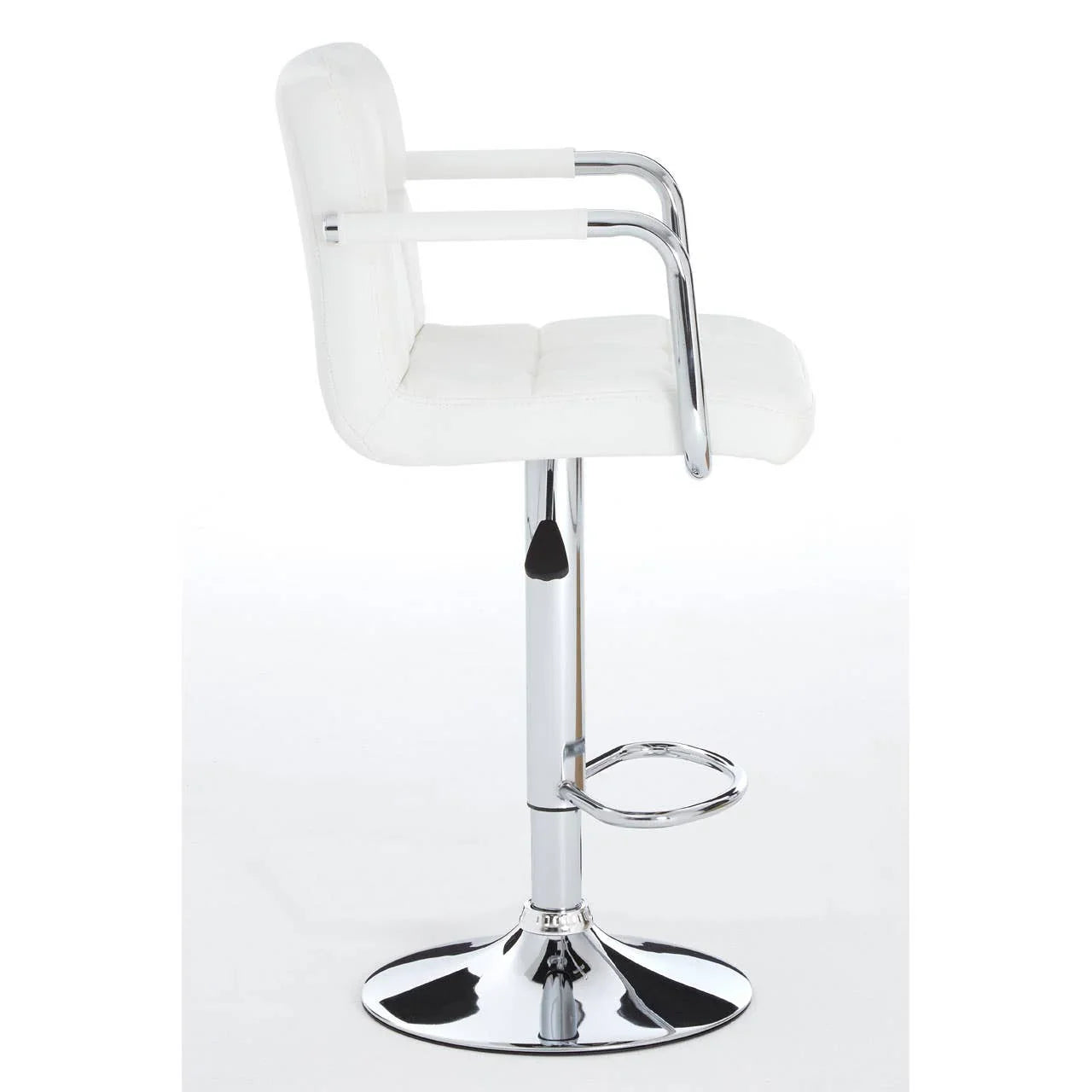 White faux leather bar stool with chrome base and footrest, side profile view