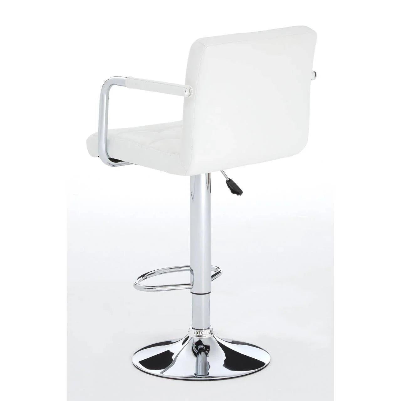 White bar stool with chrome base, armrests, height adjustment and footrest, rear view