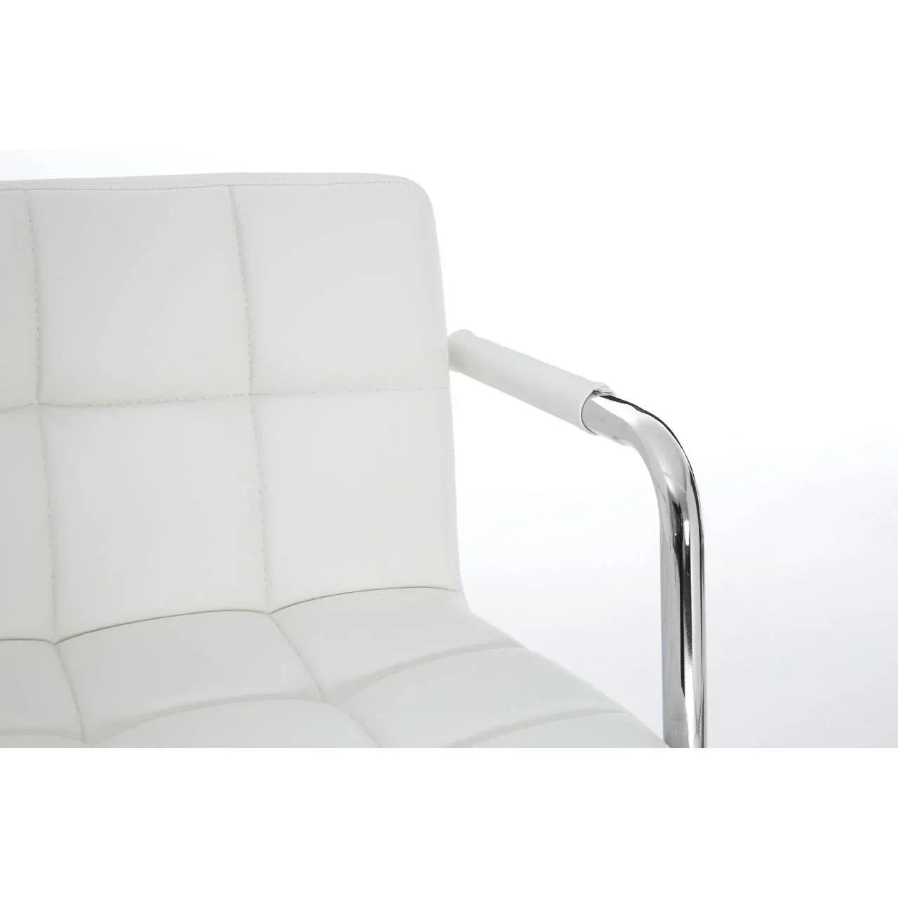 White leather dining chair with chrome metal arm detail and square stitched upholstery