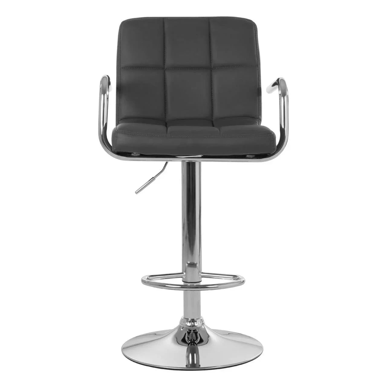 Black bar stool with padded seat, chrome base, armrests and footrest, front view