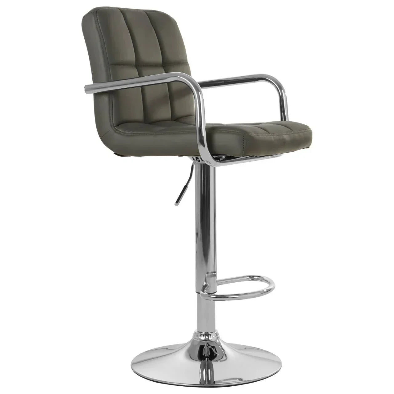 Grey faux leather bar stool with chrome base, padded seat, armrests and footrest