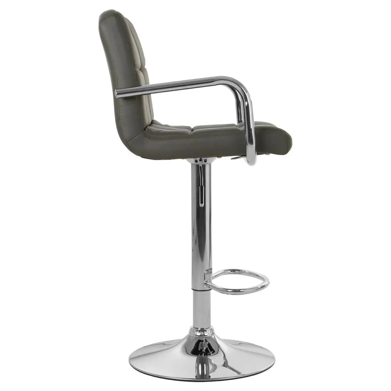 Grey bar stool with padded seat, armrests and chrome base, side profile view