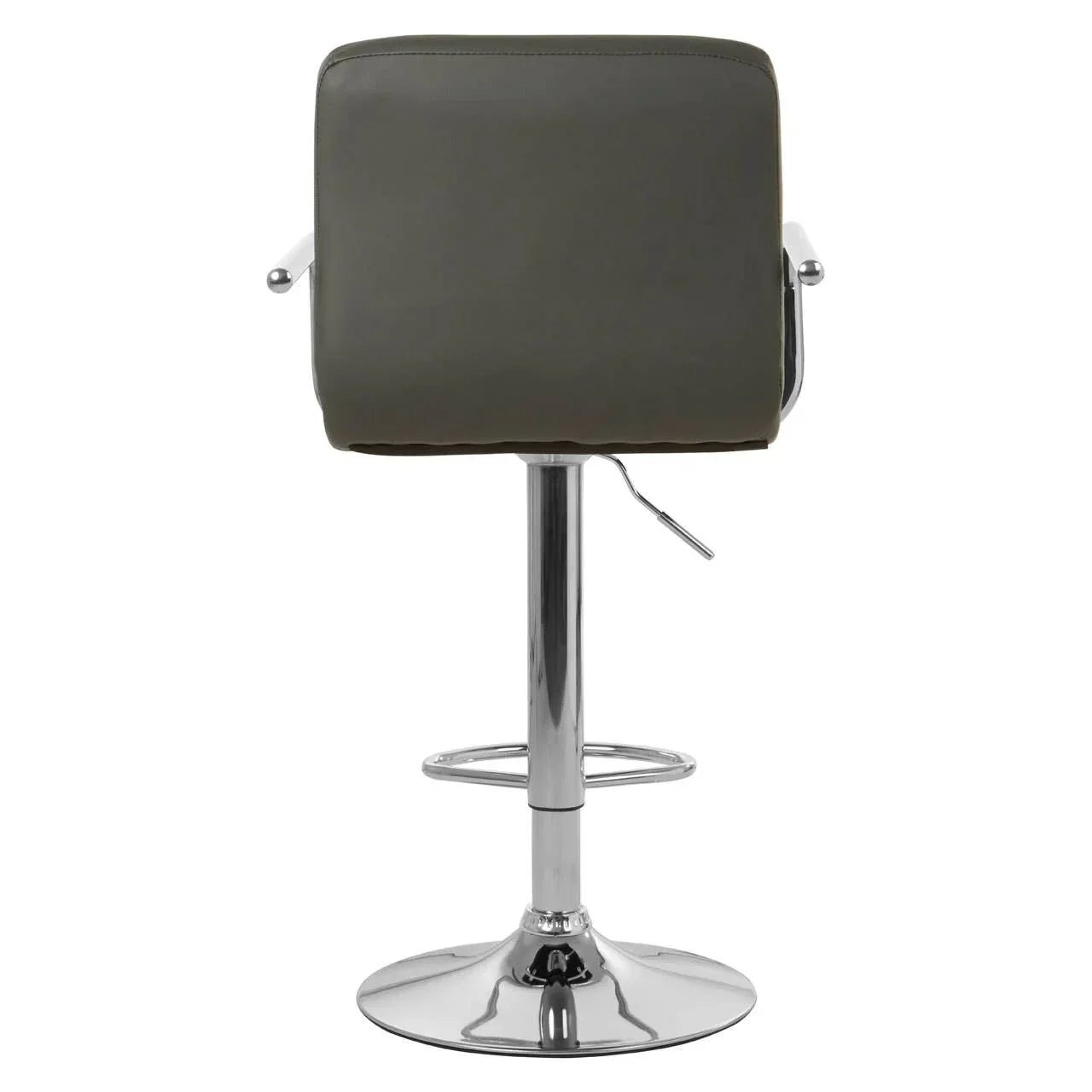 Back view of grey bar stool with chrome base and footrest