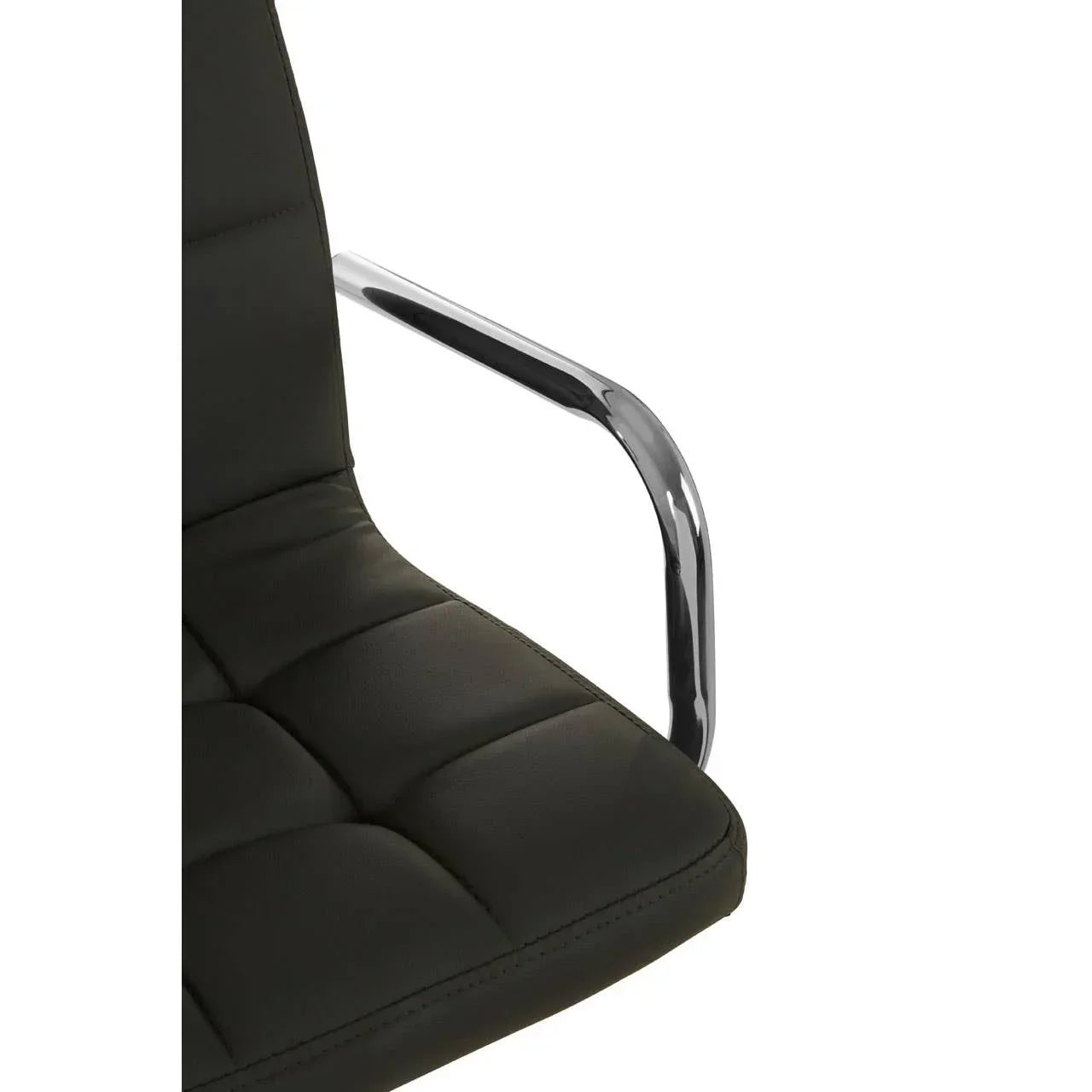 Detail of black leather dining chair with chrome armrest and stitched cushion seat