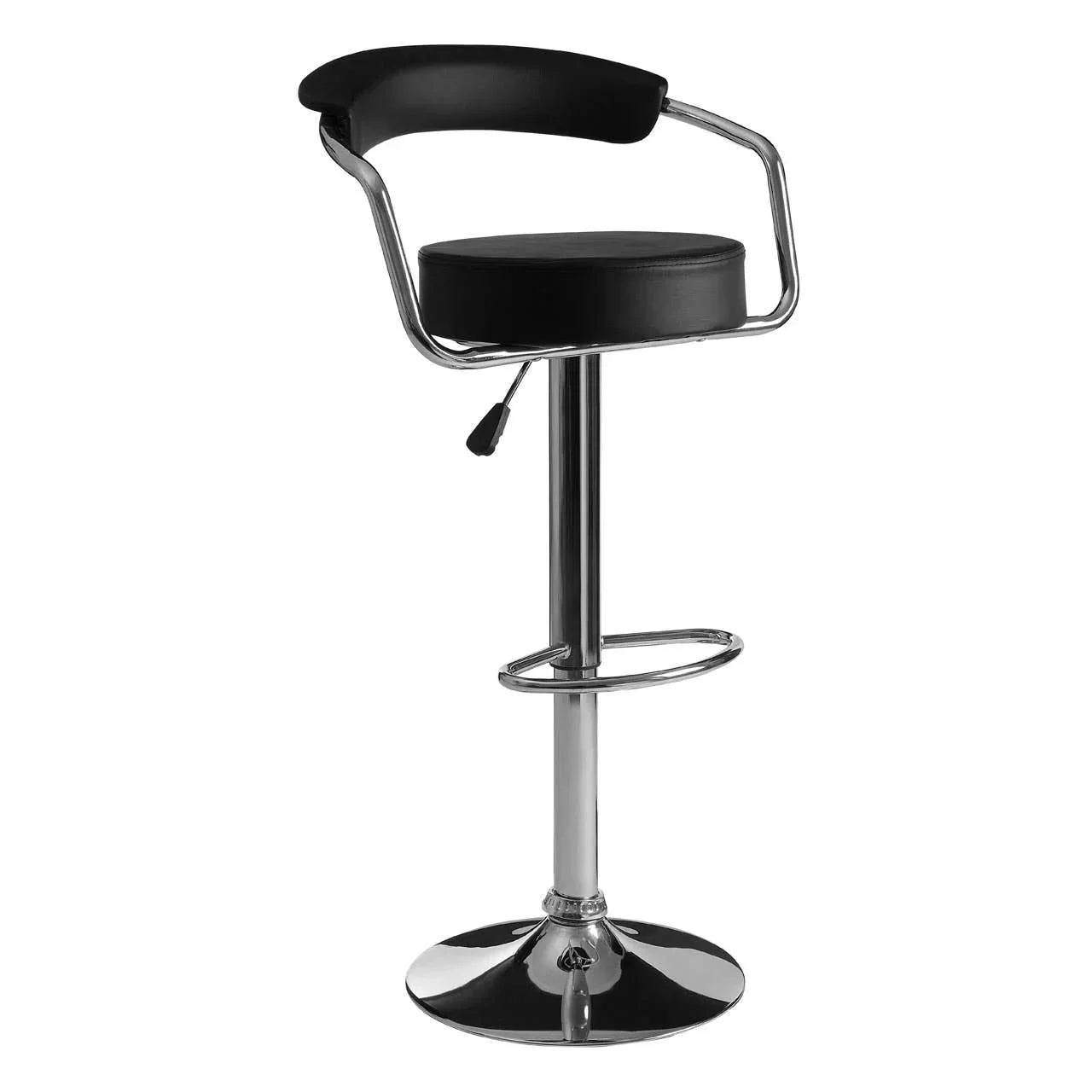 Black faux leather bar stool with chrome base and footrest, modern adjustable seat design