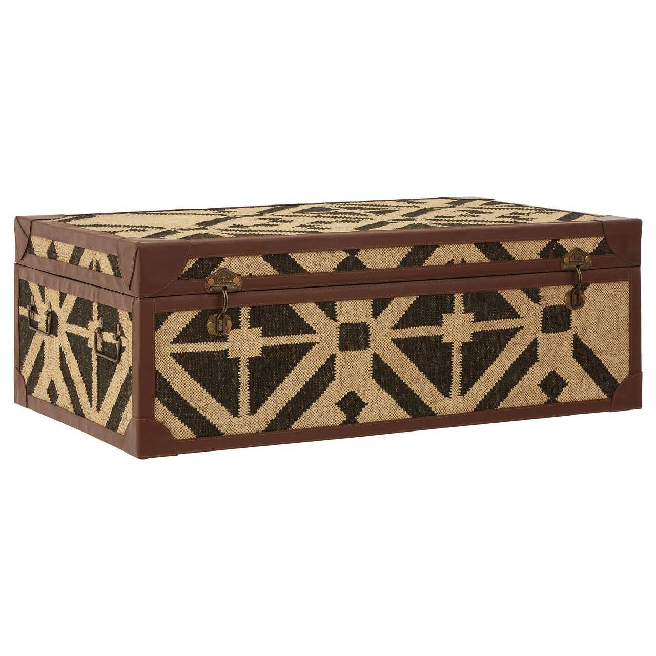 Rectangular storage trunk with geometric patterned fabric and brown leather trim