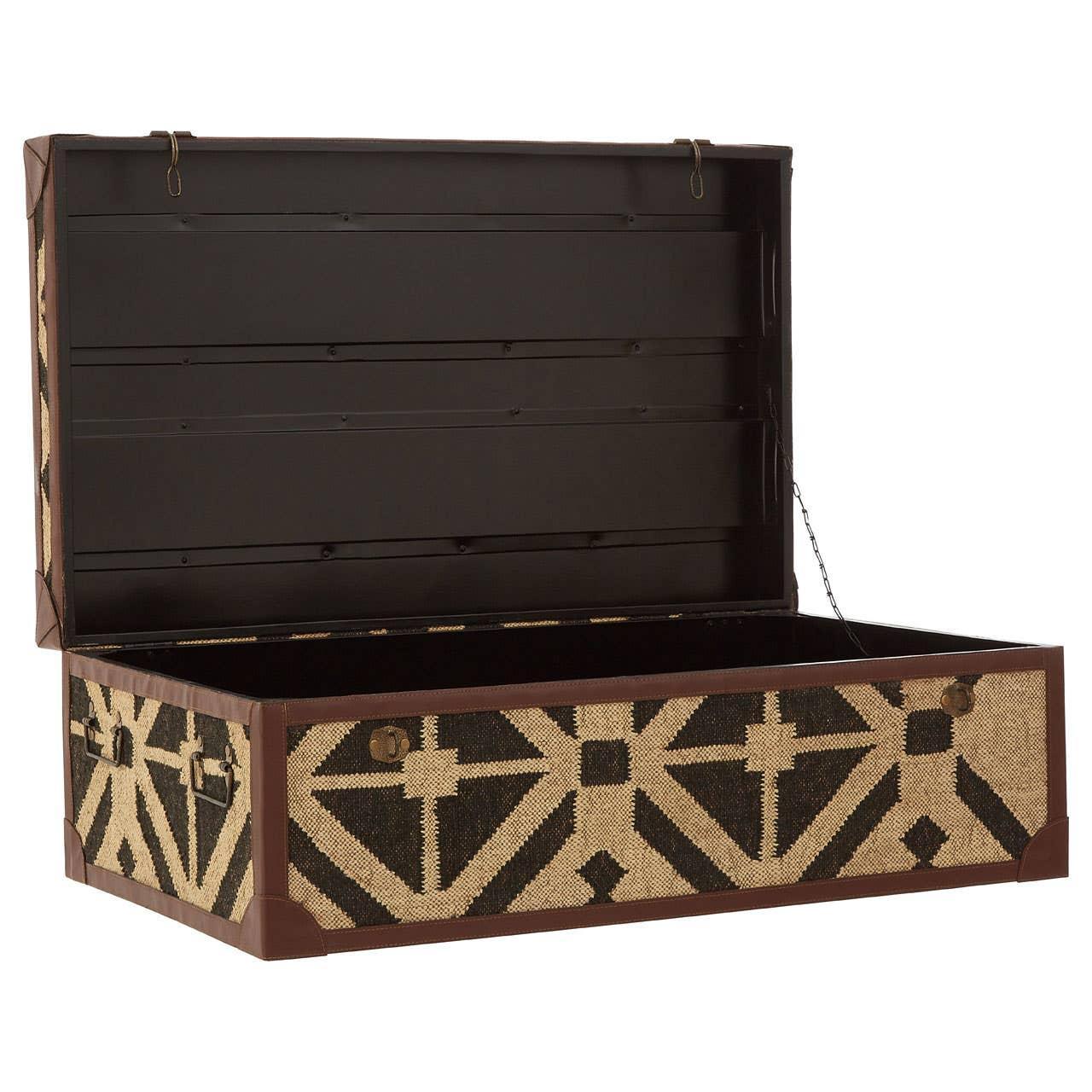 Patterned storage trunk with open lid, geometric woven design and brown trim details