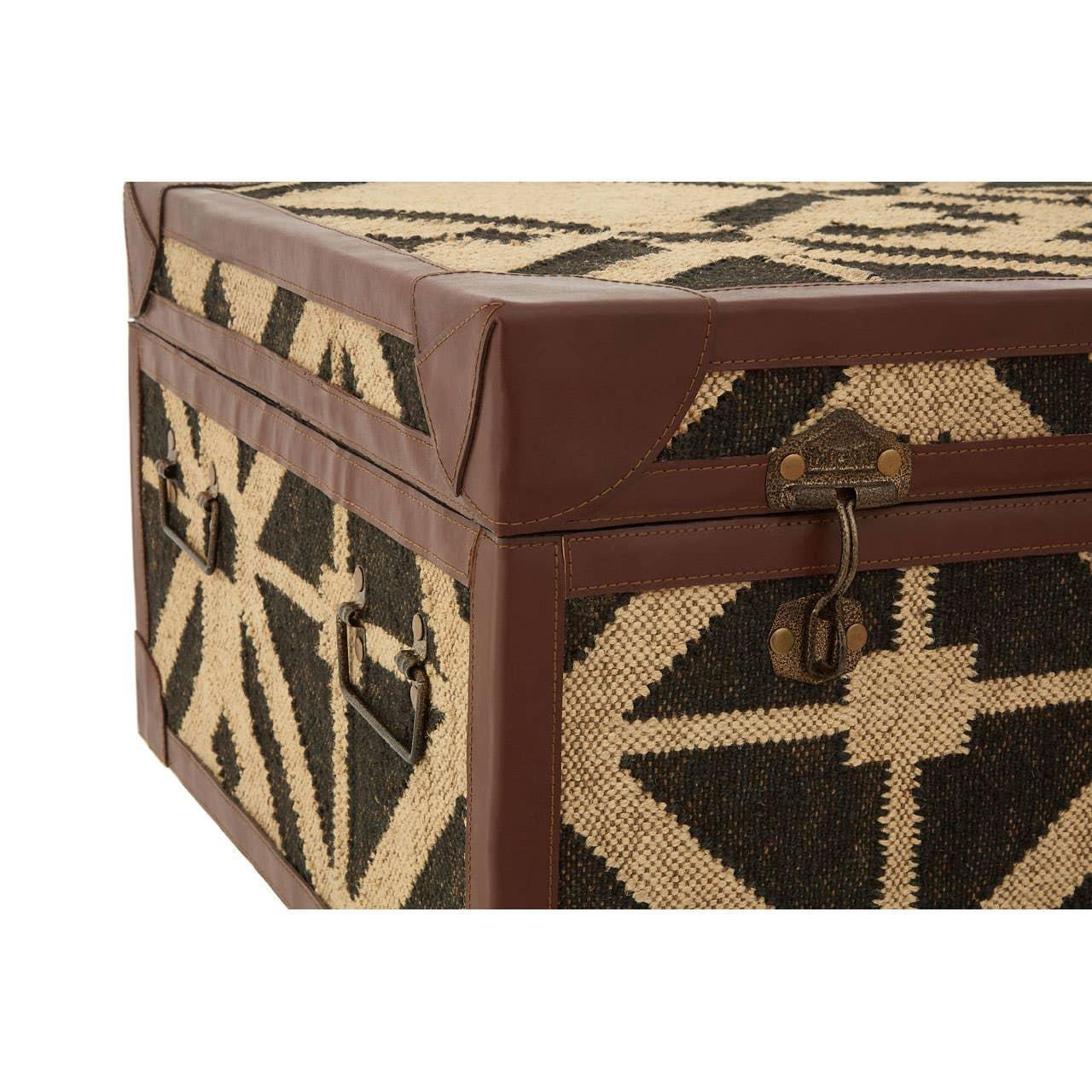 Geometric storage trunk with woven pattern, brown leather trim, and metal side handles