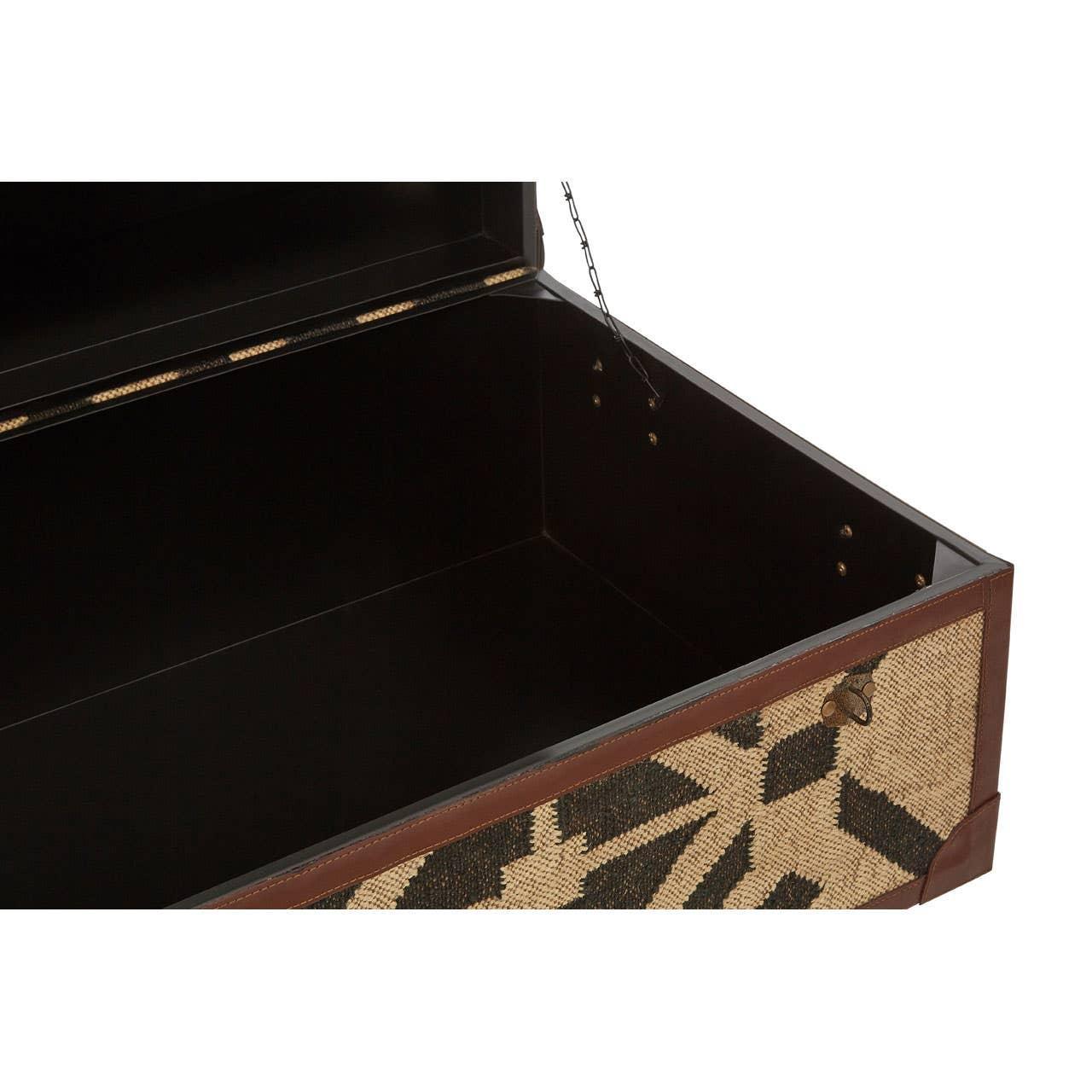 Open storage trunk with geometric patterned woven panels and brown leather trim