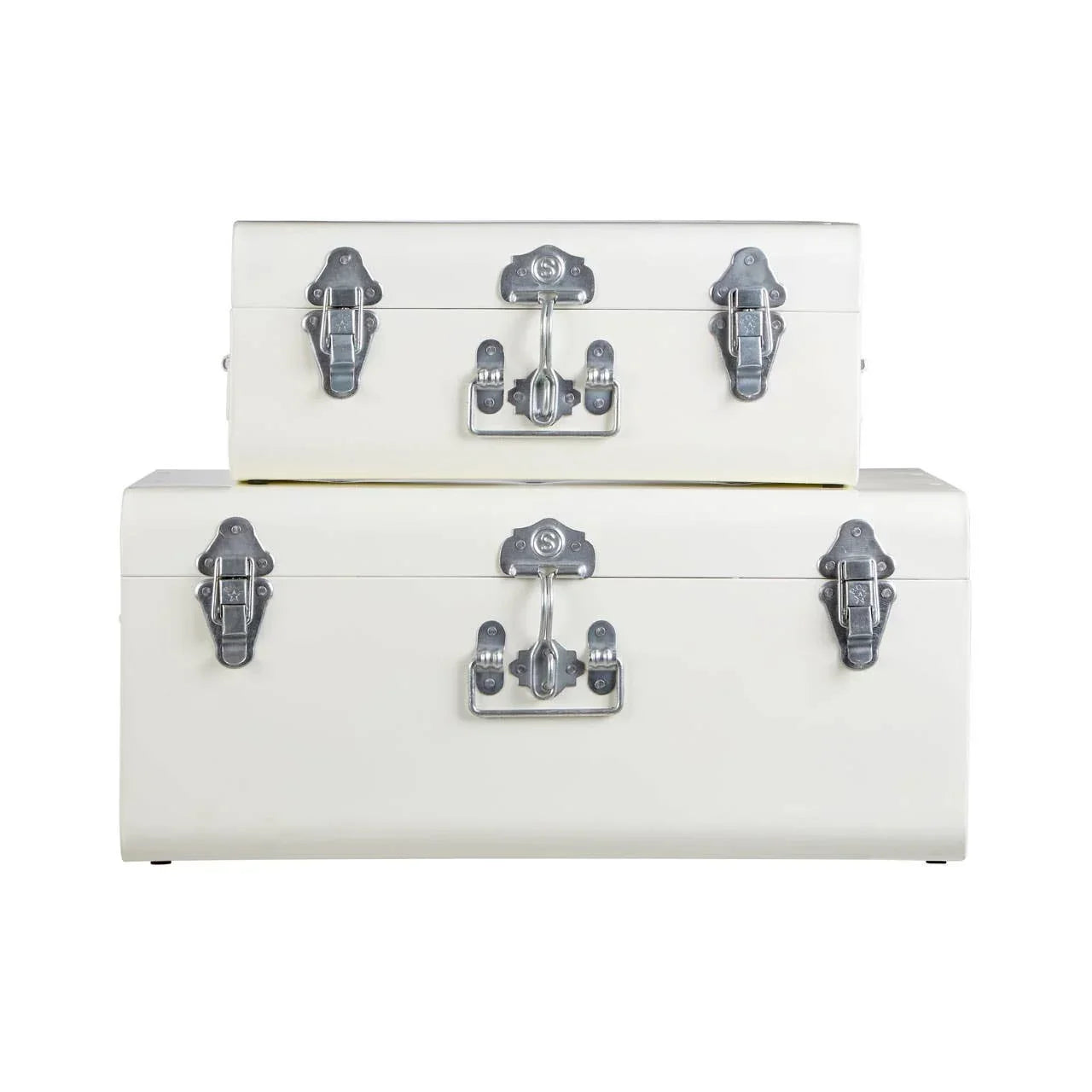 Set of two white metal storage trunks with silver latches stacked front view