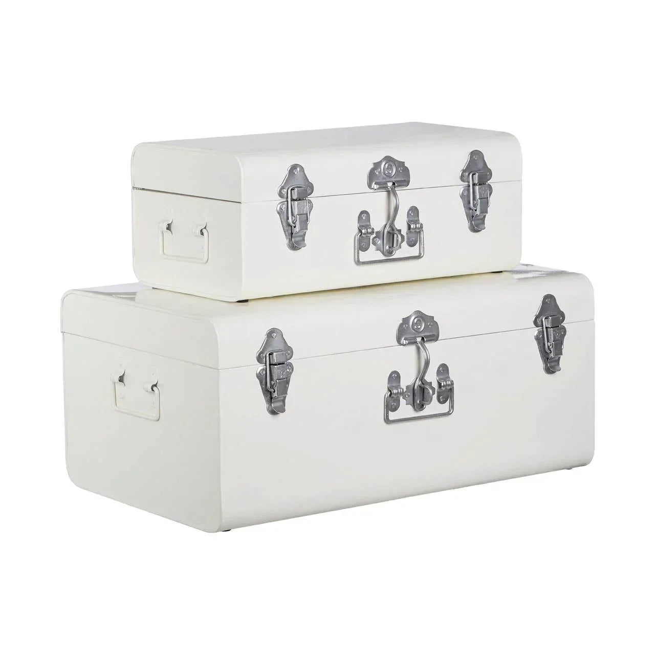 Set of two white metal storage trunks with silver clasps and handles, stacked together