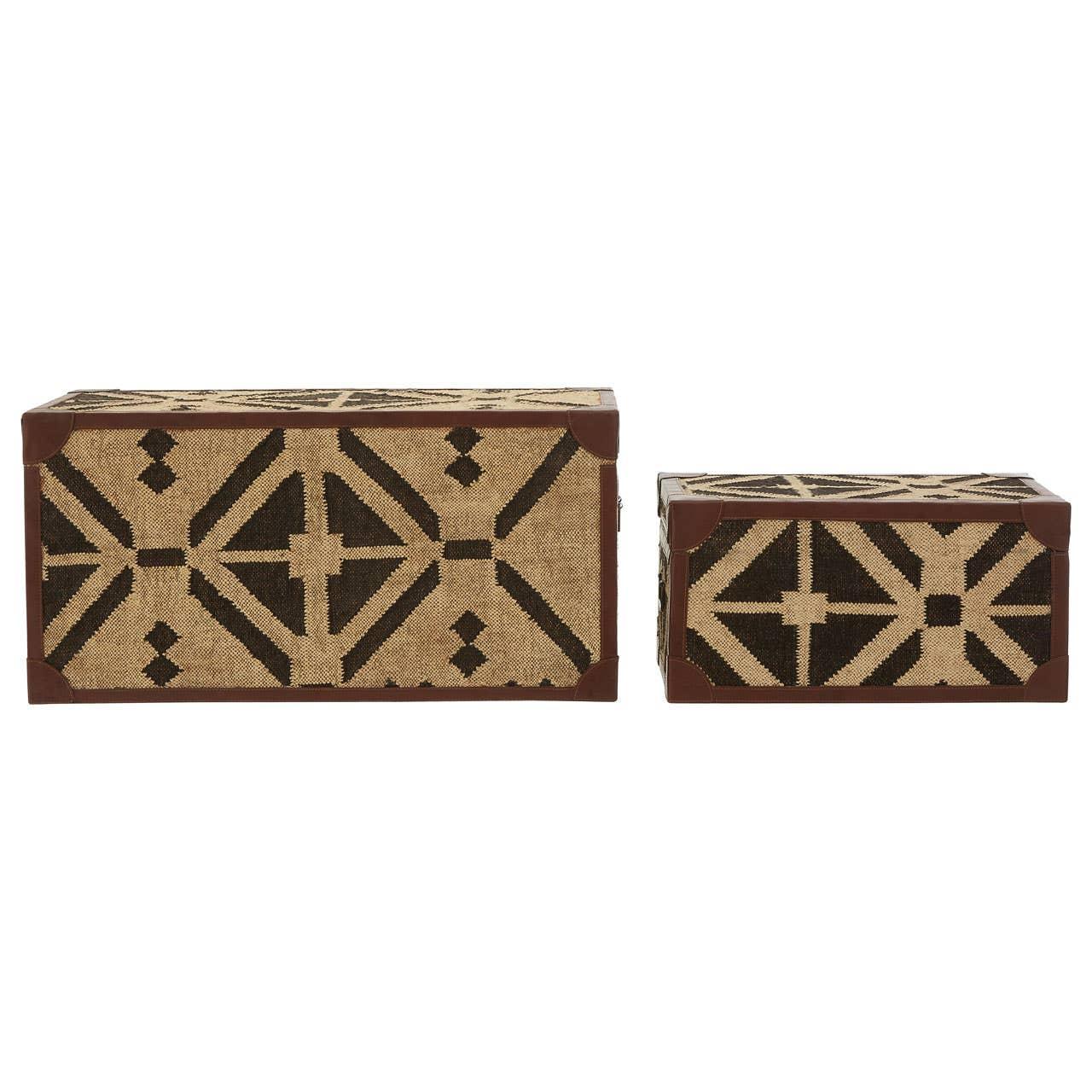 Set of two geometric patterned storage trunks with brown corners, front view