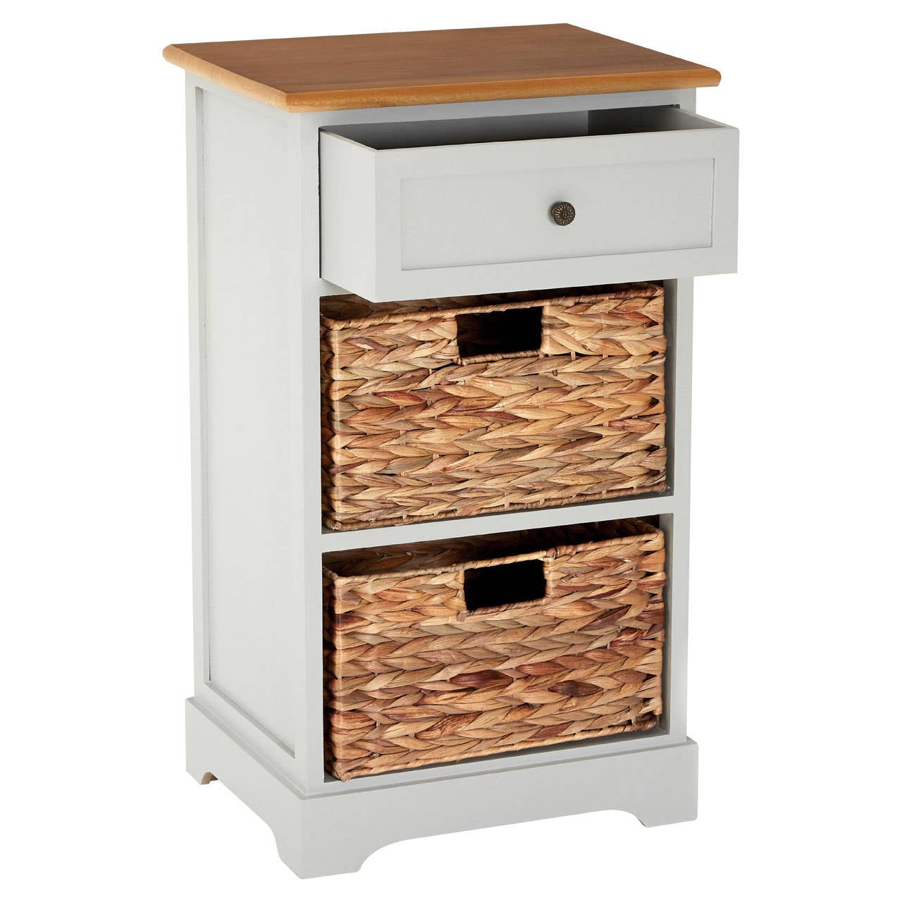 Vermont One Drawer Two Baskets Cabinet featuring a light gray body, a natural wood top, a single drawer with a round knob, and two woven baskets with cut-out handles. The cabinet has a sturdy base and a simple, modern design suitable for various home decor styles