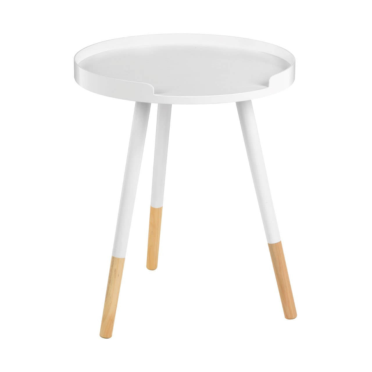 Round side table featuring a white top and three legs, two of which are white and one is natural wood, creating a modern and minimalist design suitable for home decor