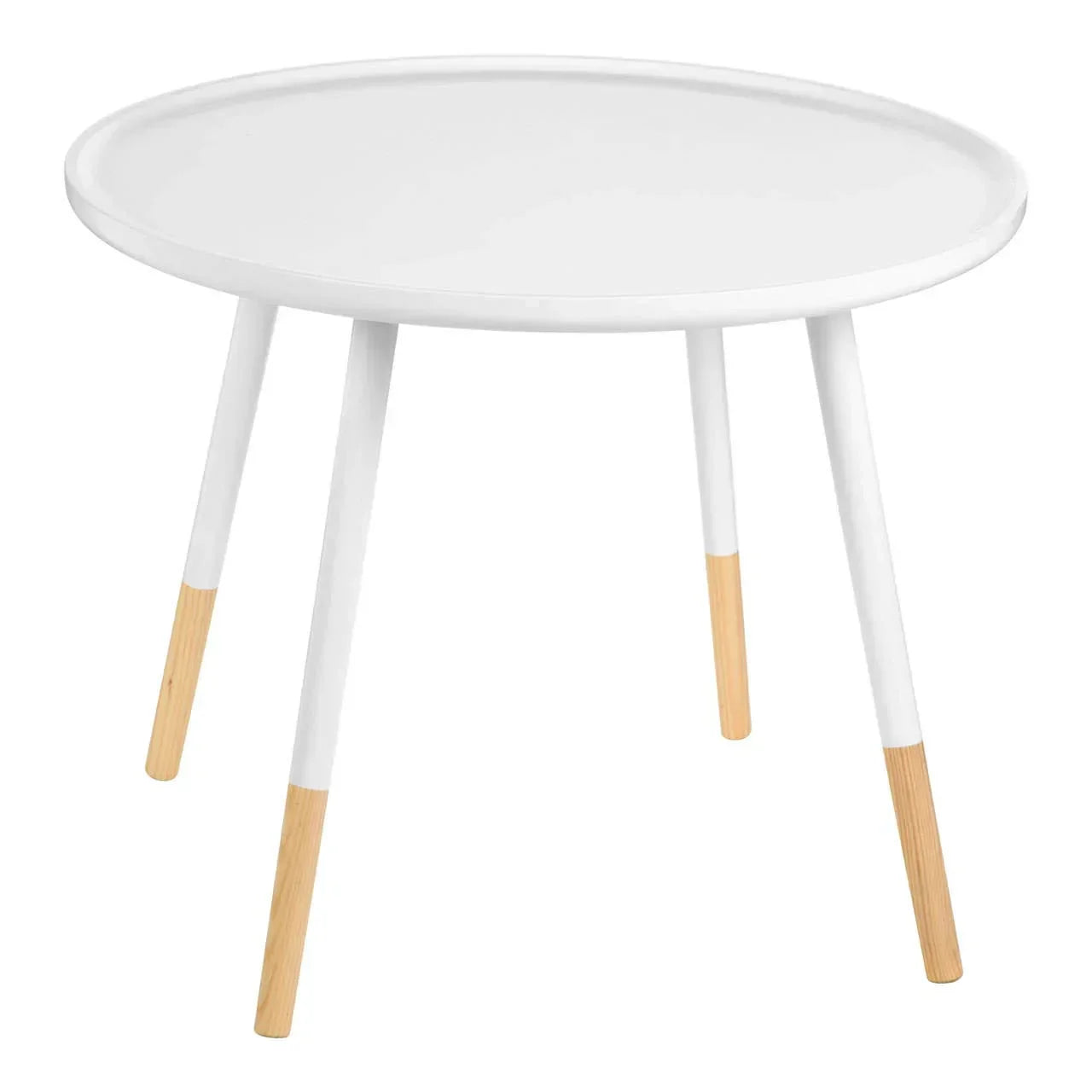 Round white side table with four tapered legs and natural wood accents