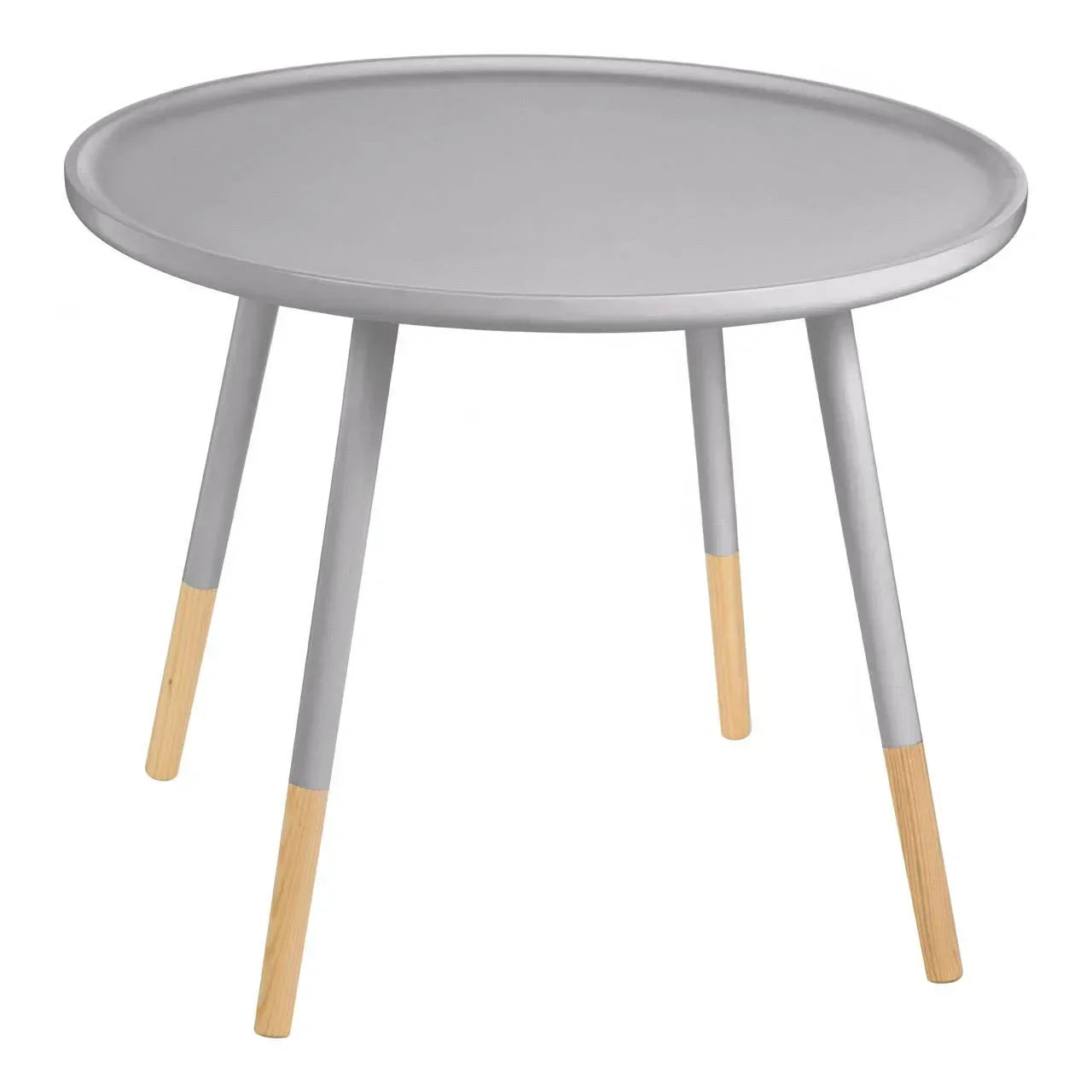 Round grey side table with wooden dipped legs, modern furniture for living room