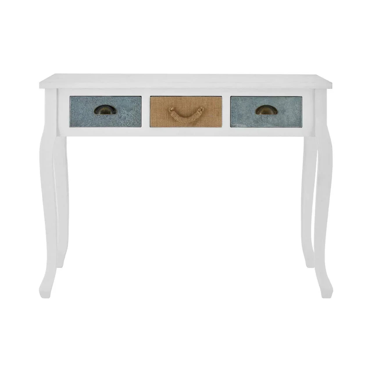 White wooden console table with three drawers, two blue metal and one central rattan front