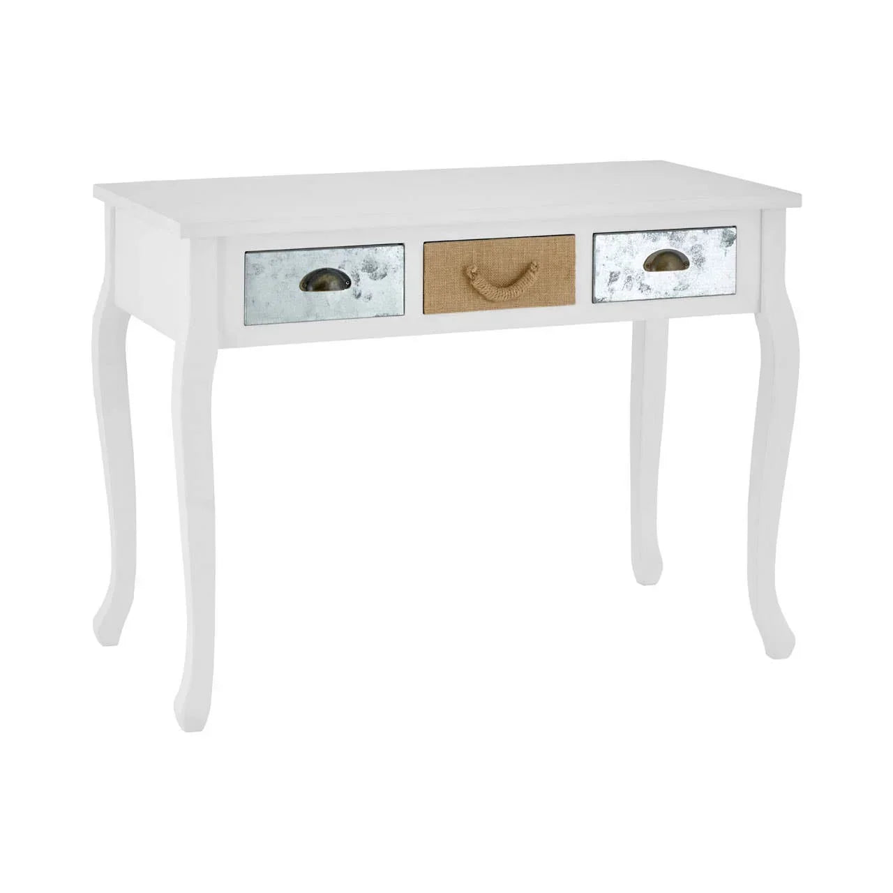 White console table with three drawers, metal and rope handles, curved legs