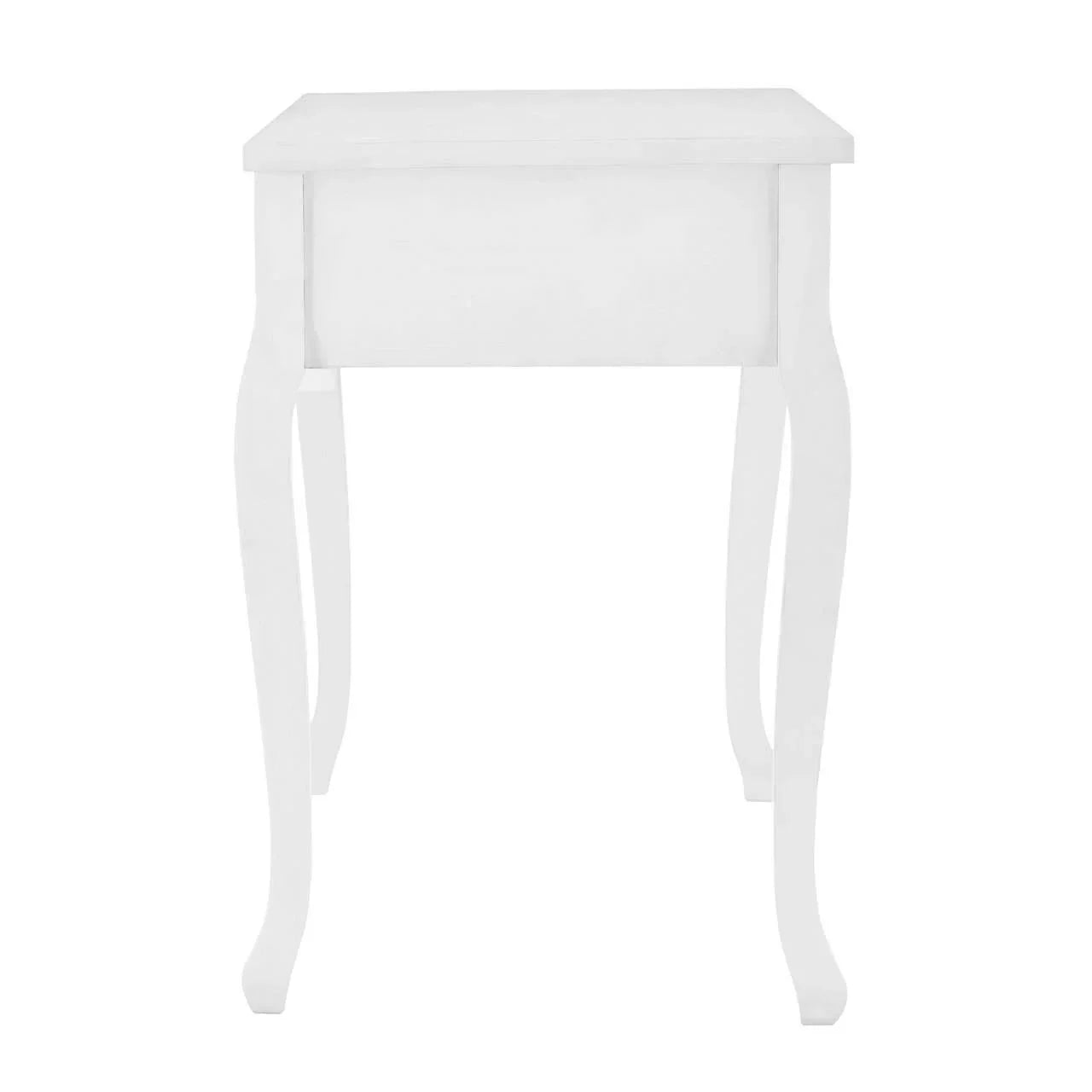 White wooden side table with curved legs viewed from the front