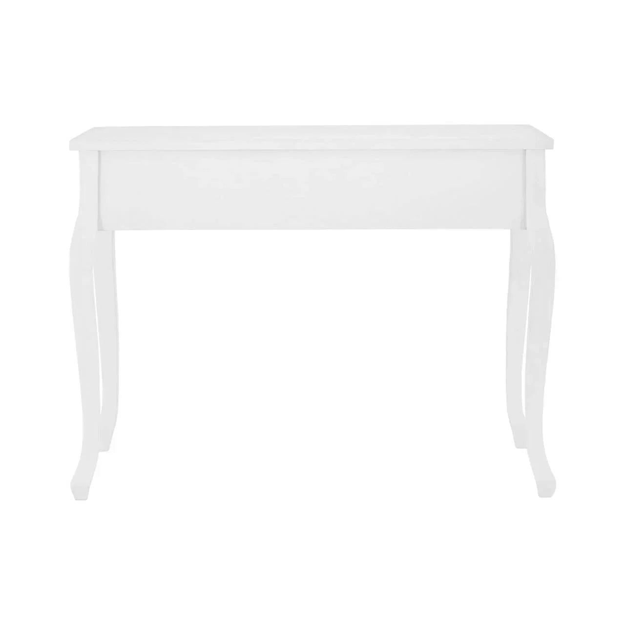 White wooden console table with curved legs, straight front view
