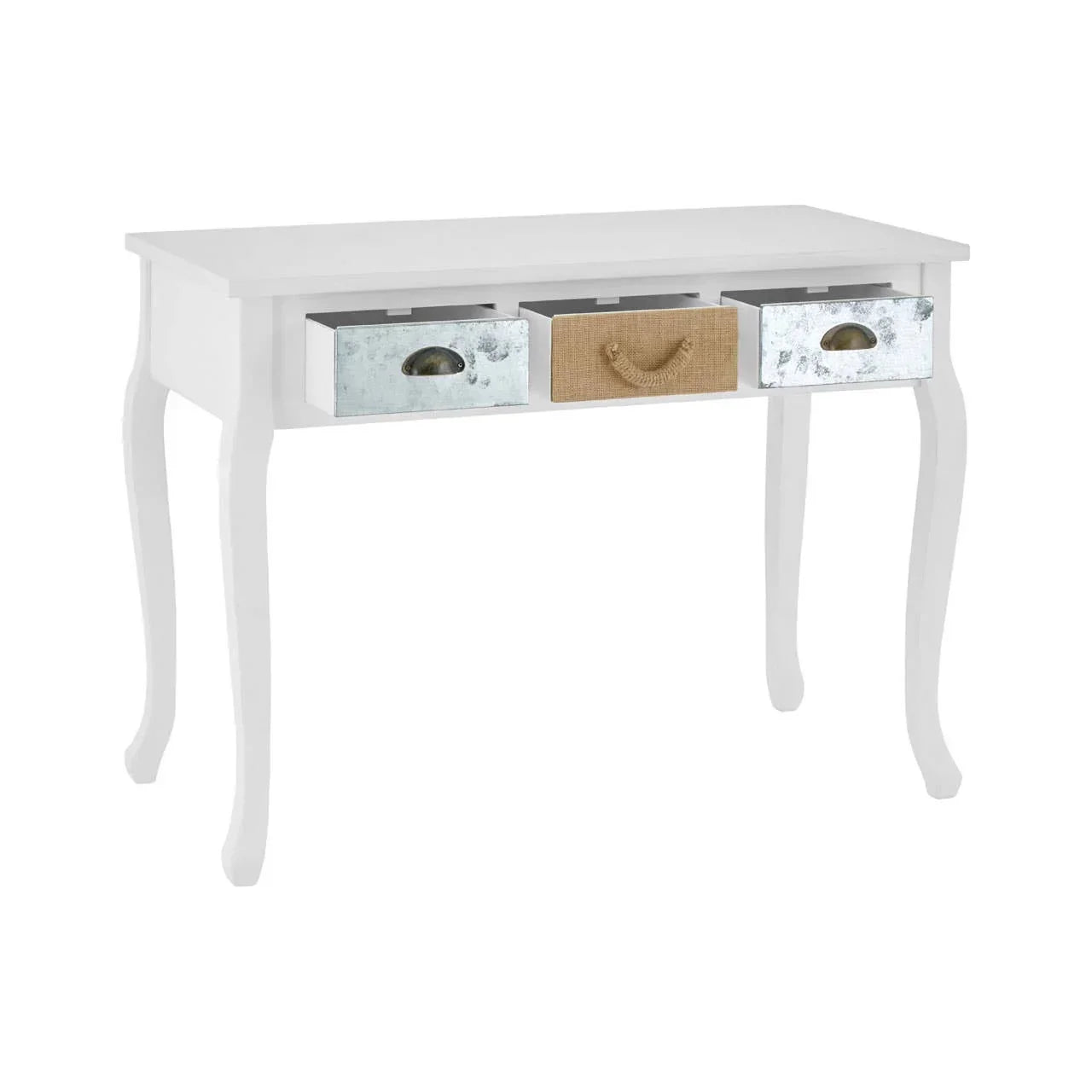 White console table with three mixed drawers, metal and rope handles, curved legs