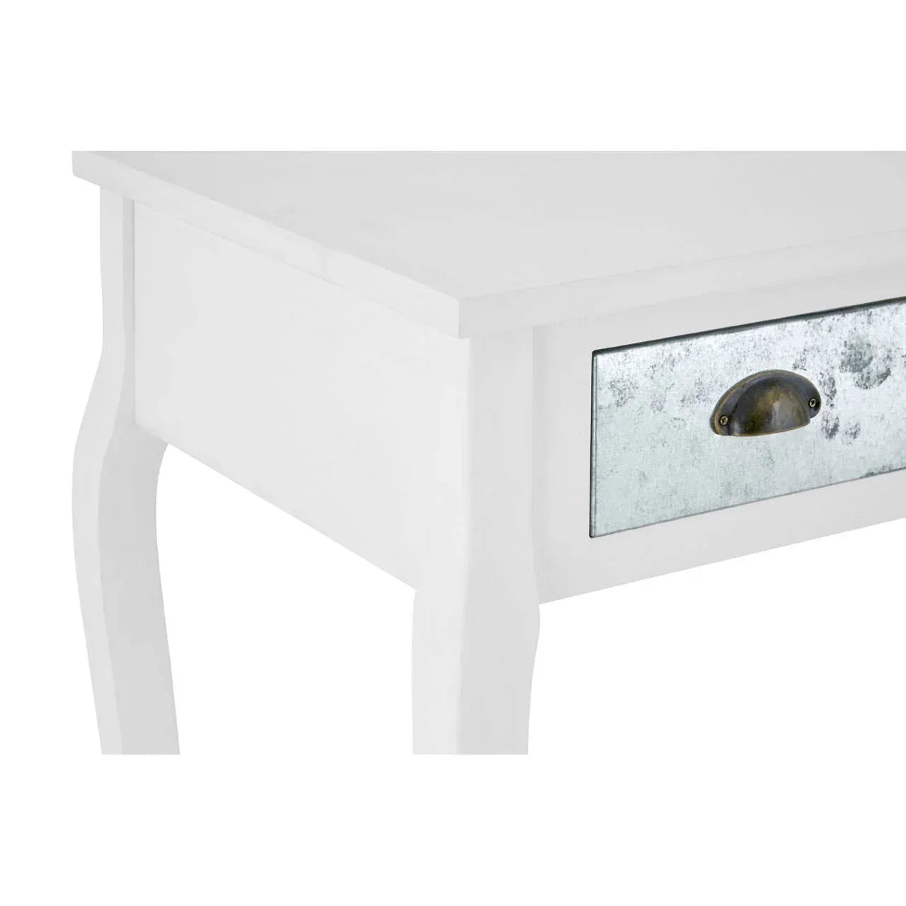 White wooden table with metal drawer front and curved legs