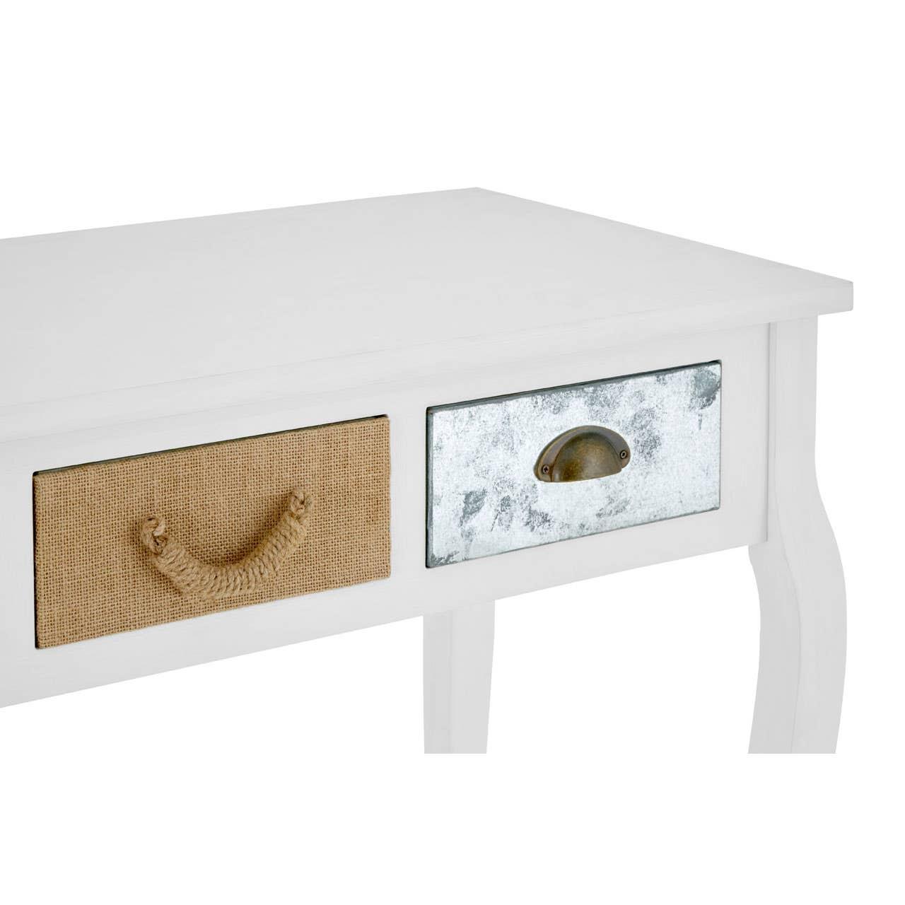 White console table with woven rope and metal storage drawers, close-up view