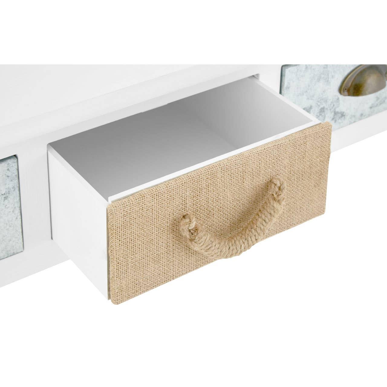 White wooden storage drawer with jute rope handle and fabric front panel