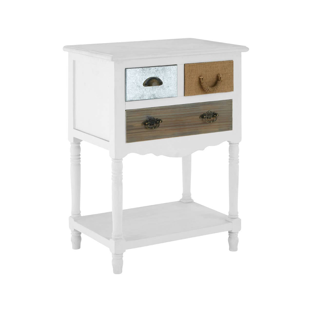 Weymouth 3 Drawer Unit with a white finish featuring three drawers in varying colors, including a light blue, natural wood, and dark brown, with decorative handles. The unit has a lower shelf for additional storage or display