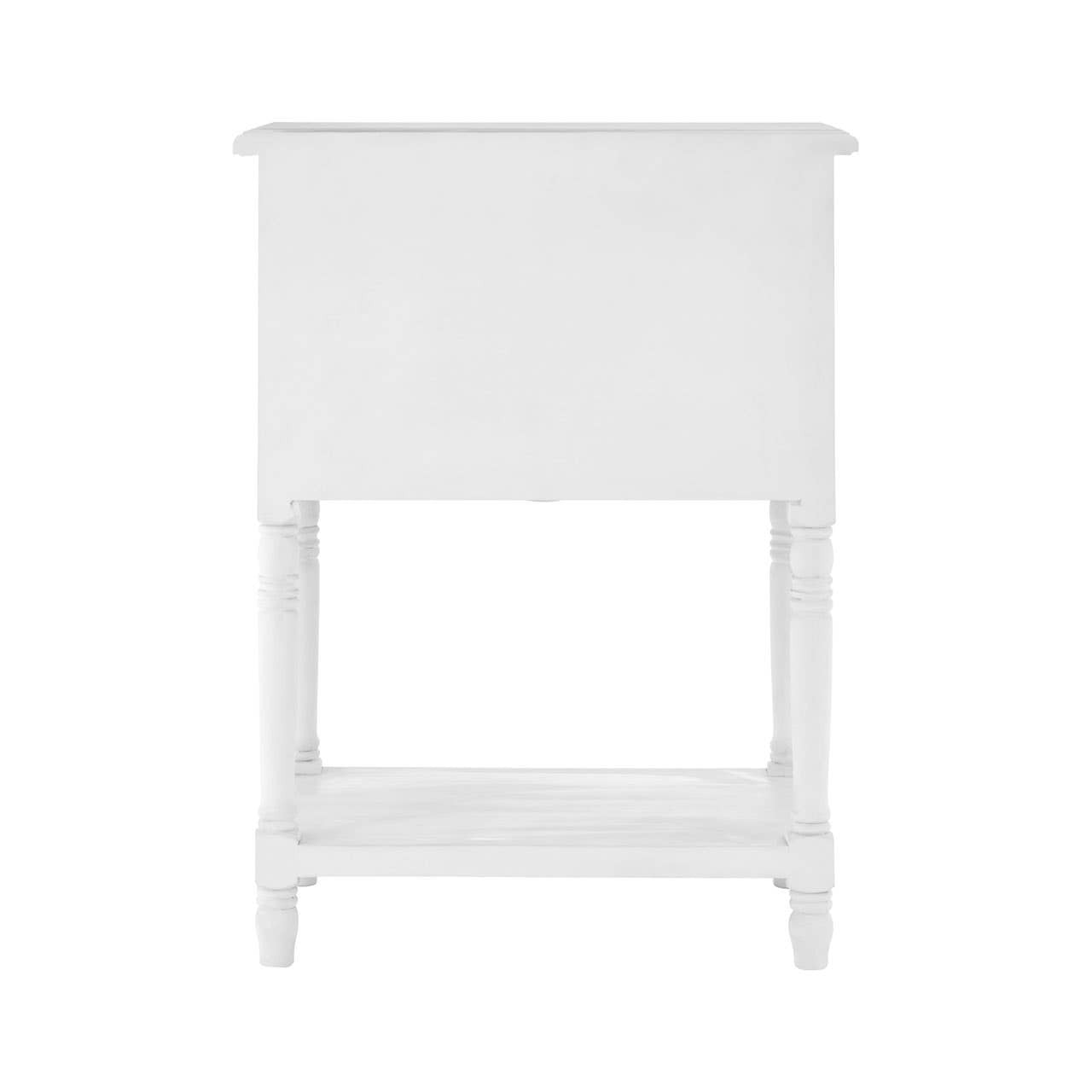 A white three-drawer unit with a flat top and an open shelf at the bottom, featuring a simple and modern design. The unit has clean lines and a smooth finish, suitable for home furniture use