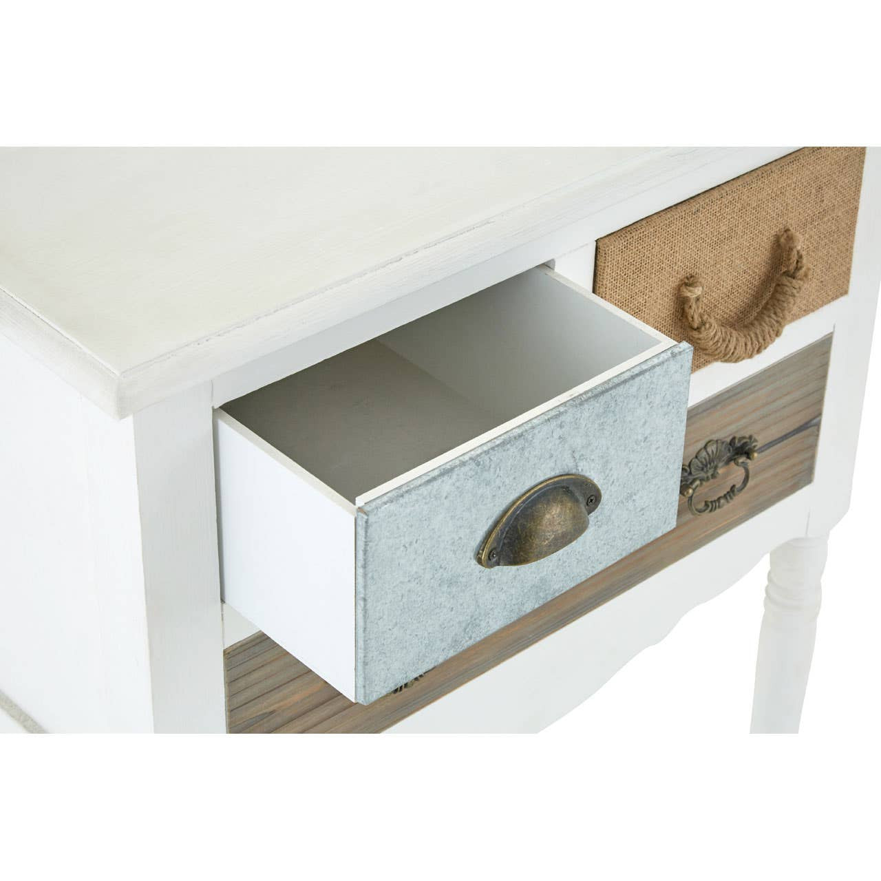 Weymouth 3 Drawer Unit with Shelf featuring three drawers in varying colors, including a light blue and a natural wood finish, with a white frame and a flat top surface. The drawers have decorative handles and are partially open to showcase the interior space
