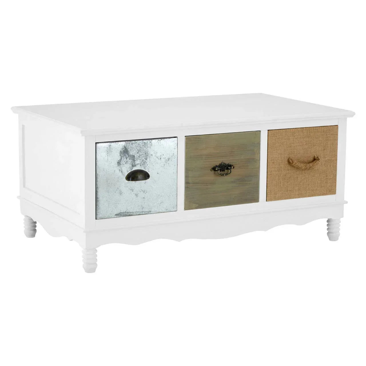 White storage coffee table with three mixed material drawers and decorative handles