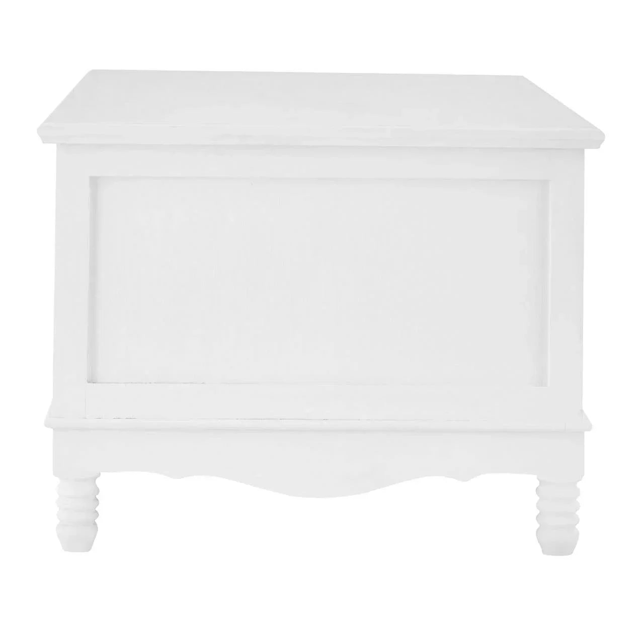 White wooden storage chest with paneled front and turned legs, shown from the front angle