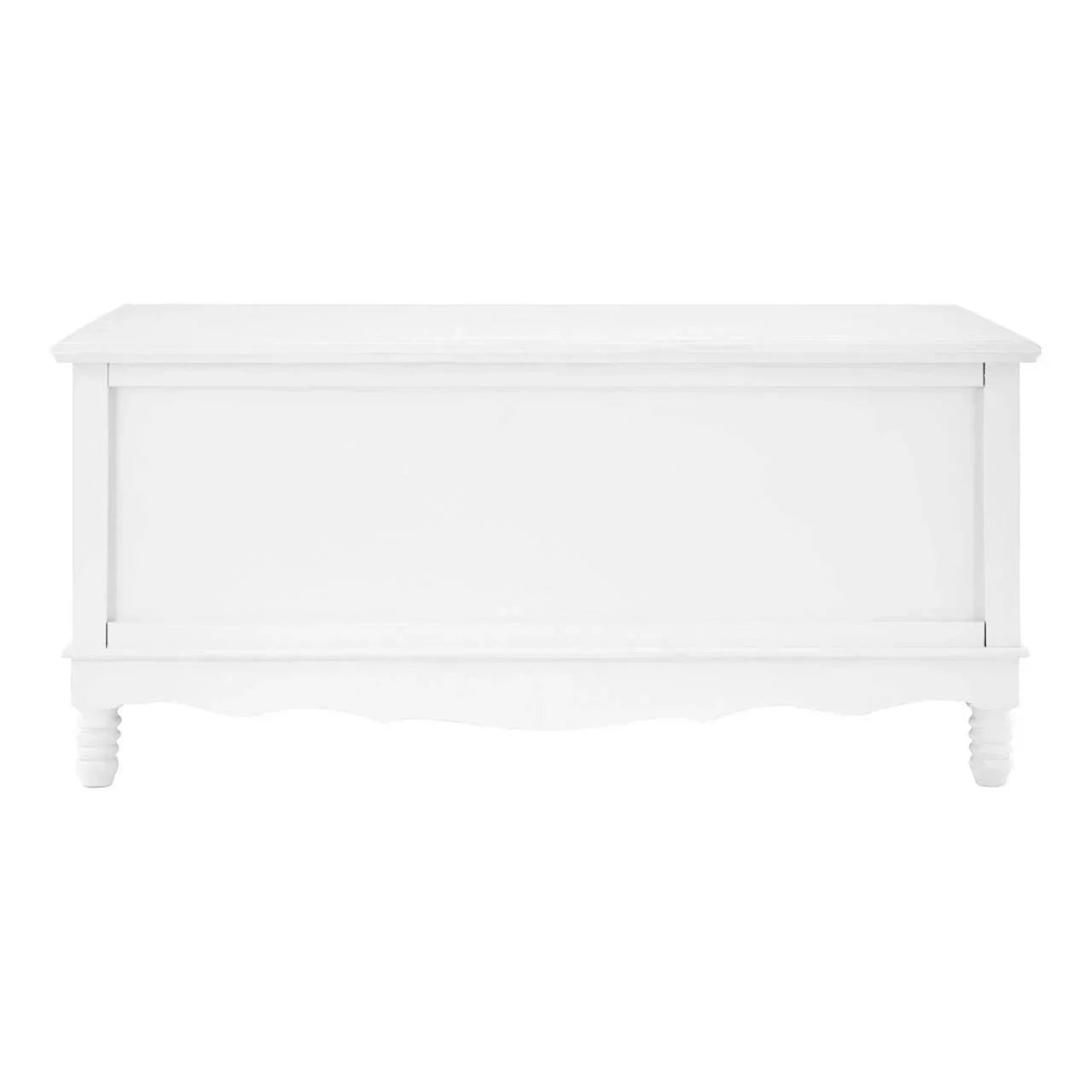 White wooden blanket box with panel front and carved legs, shown from the front