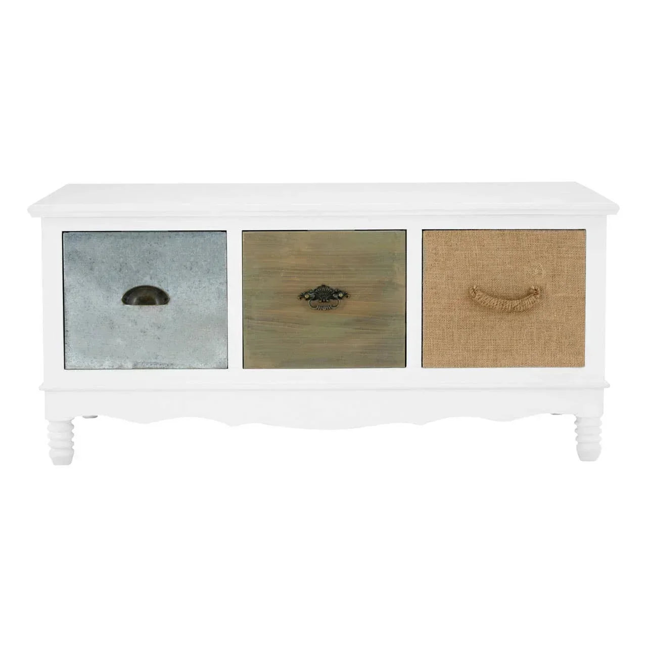 White wooden storage bench with three mixed-material drawers and decorative handles