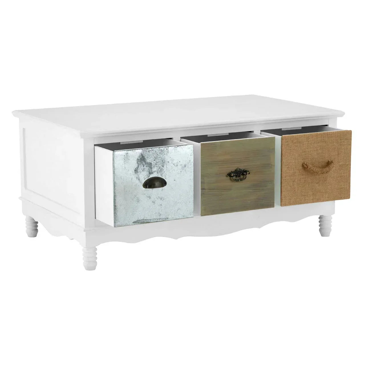 White coffee table with three storage drawers in metal, wood, and fabric finishes