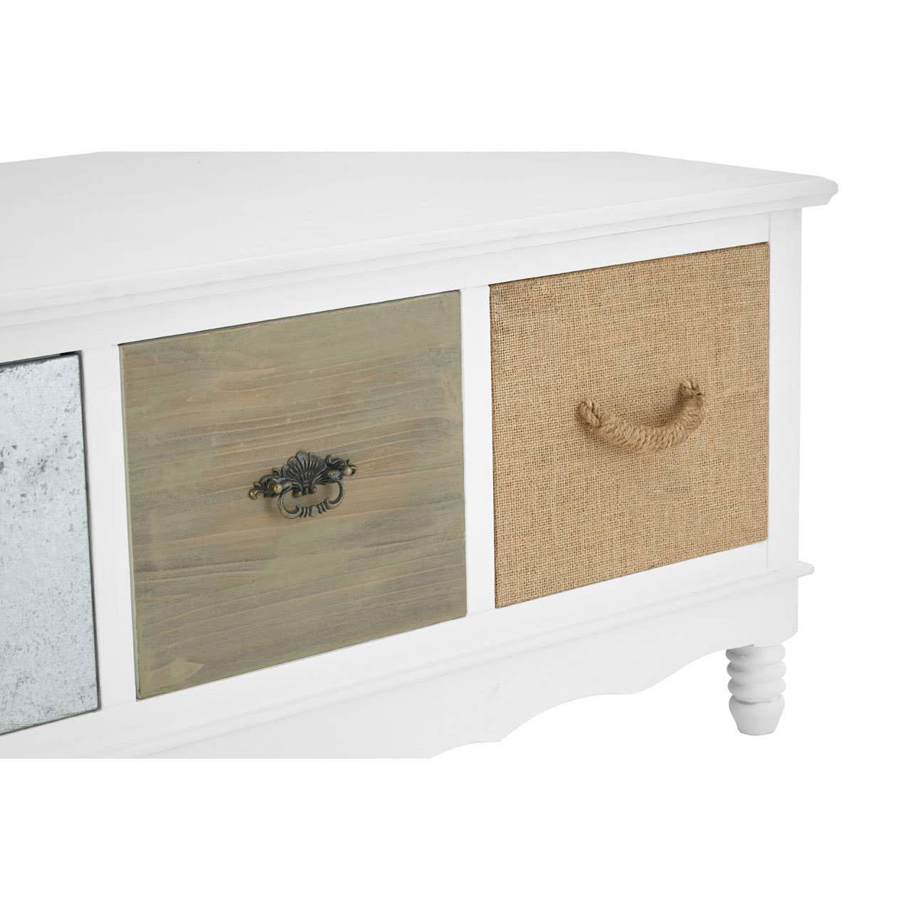 White wooden sideboard with mixed material drawers, including rope, wood, and metal handles