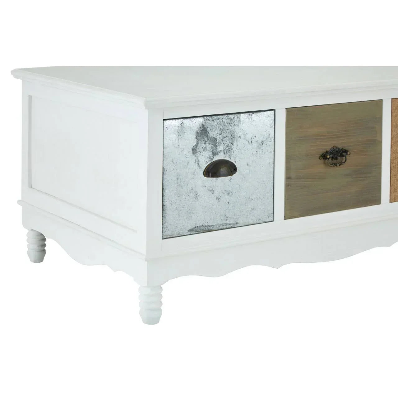 White wooden storage unit with mixed metal and wood front drawers, close side view