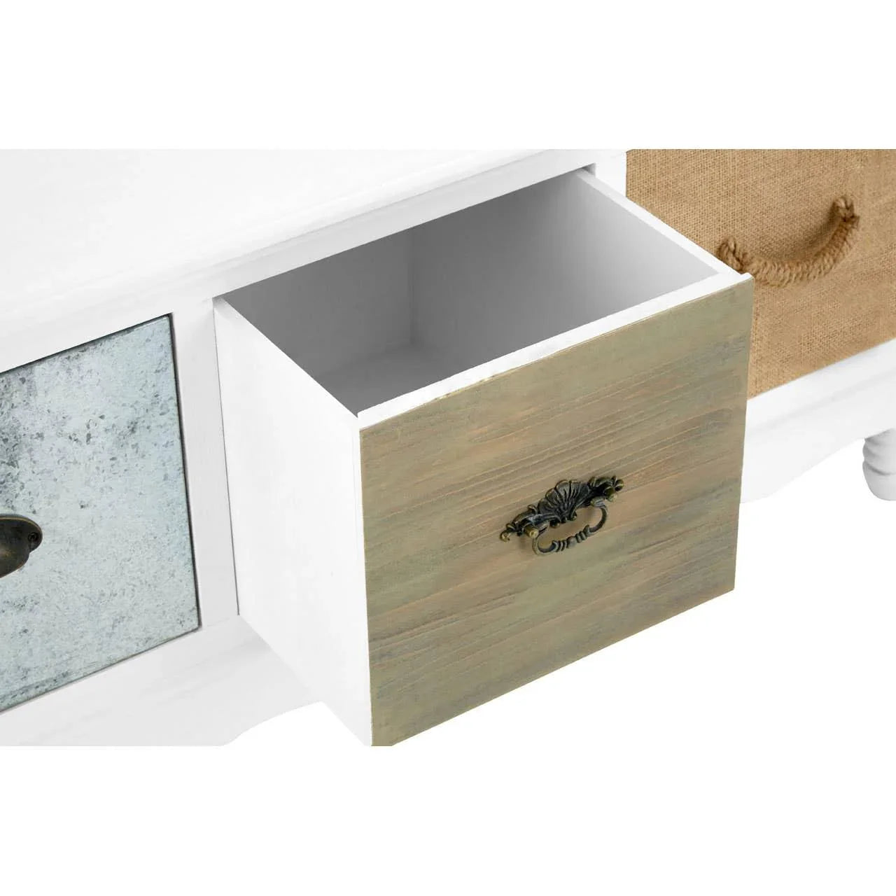 Wooden storage drawer with metal handle partially open on white furniture unit
