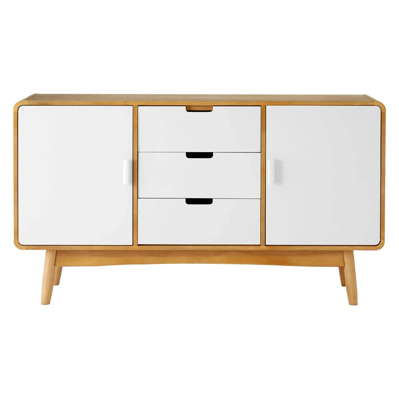 Modern sideboard with white doors, three central drawers, and natural wood frame