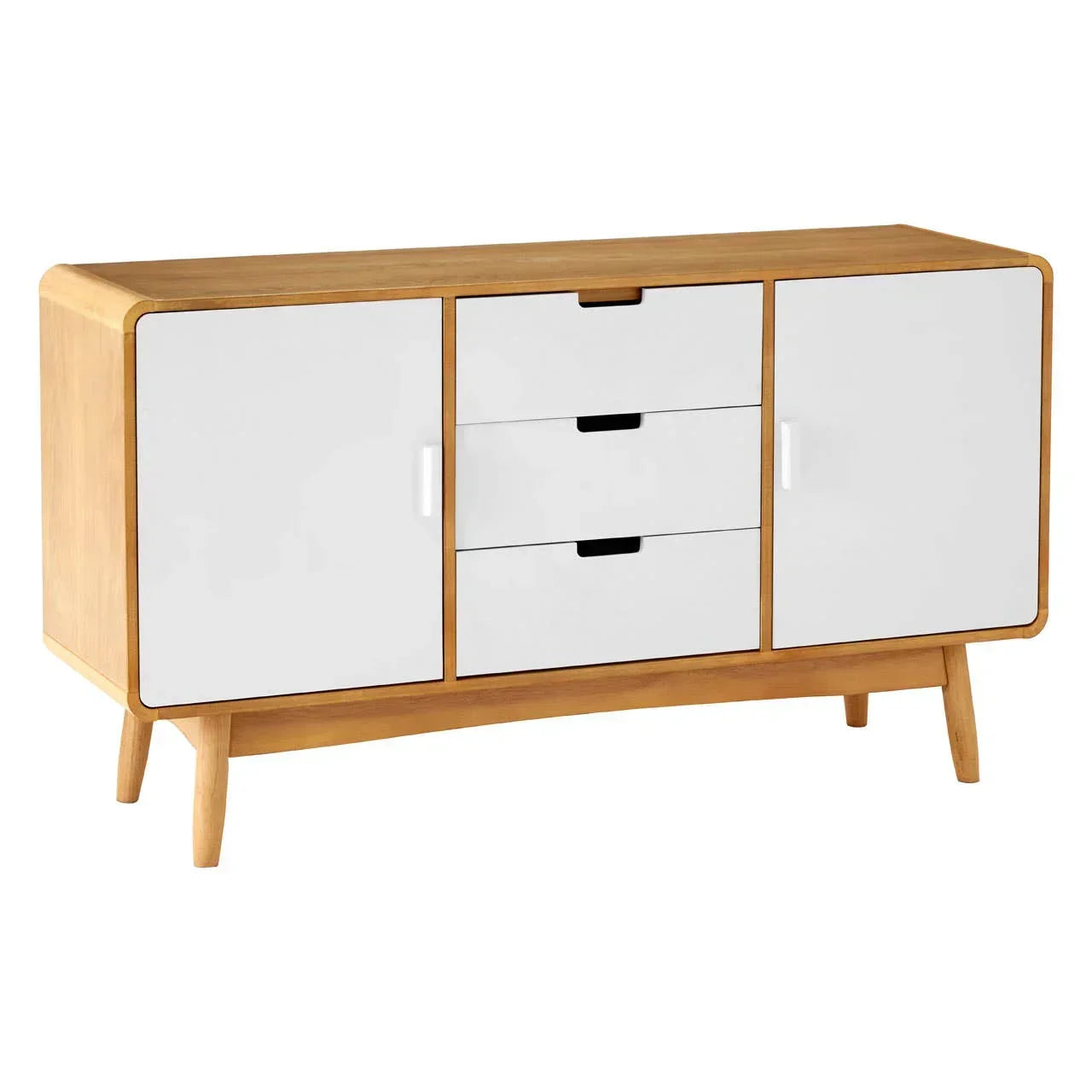 Modern wooden sideboard with white doors and three central drawers, angled front view