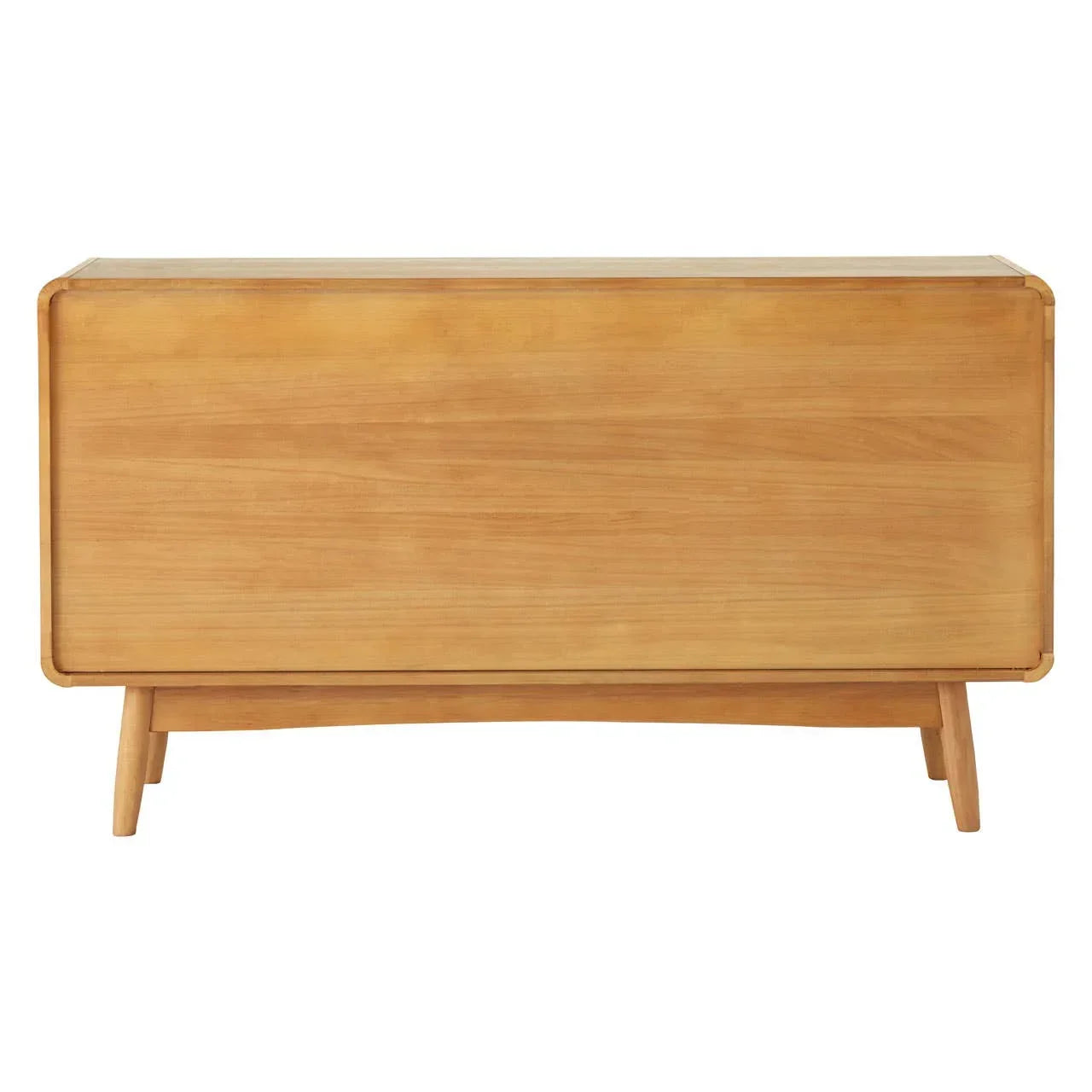 Light wood sideboard cabinet with rounded edges and tapered legs, front view