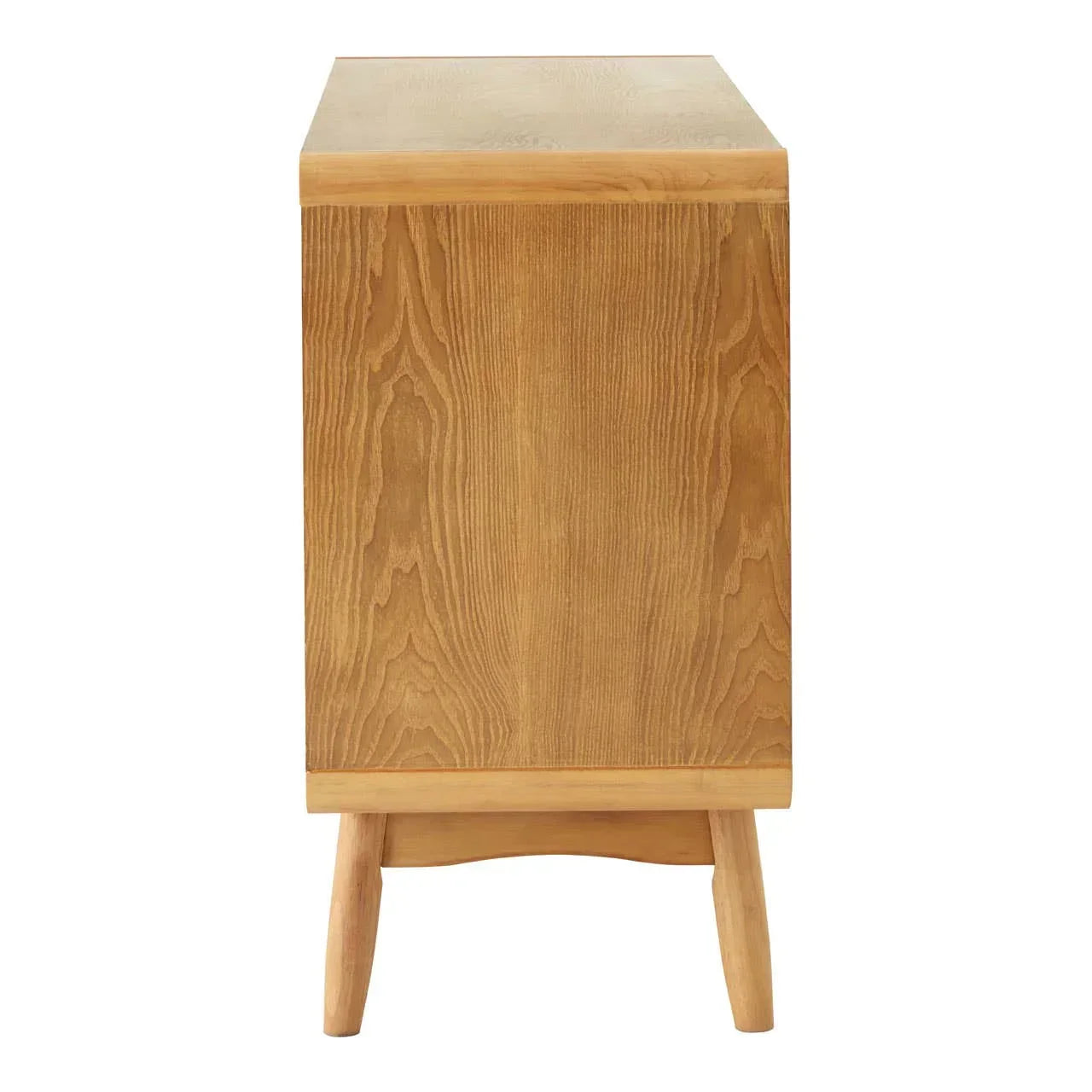 Side view of wooden cabinet with light oak finish and angled legs