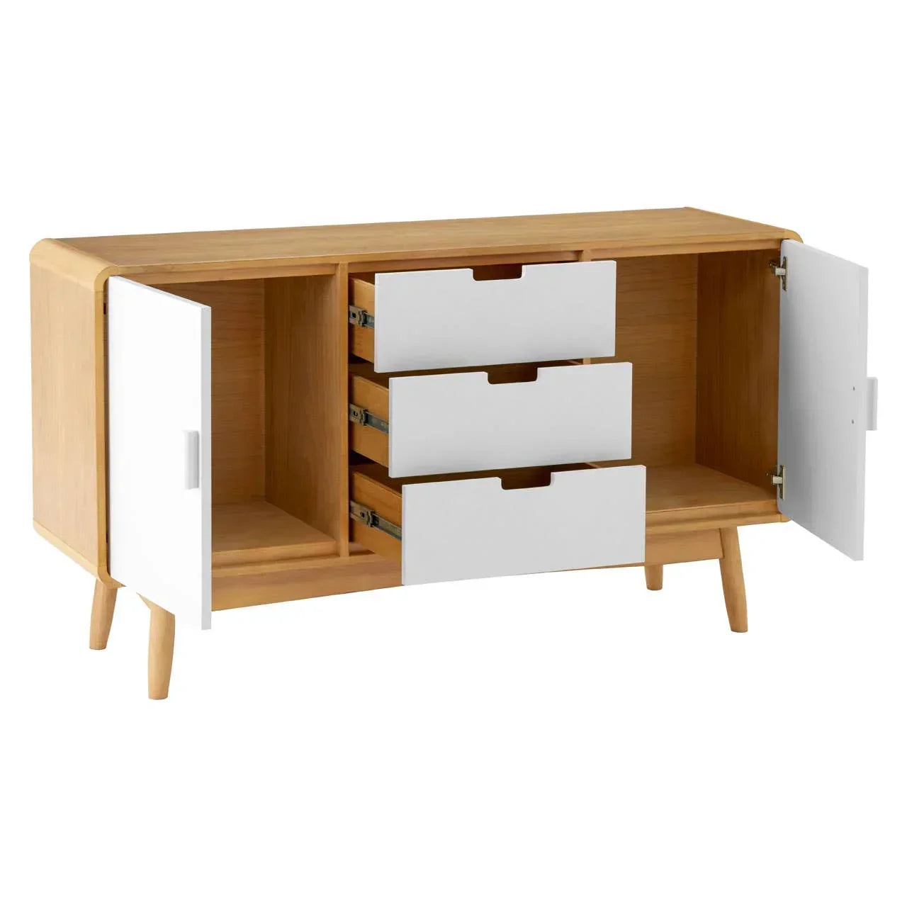 Modern wooden sideboard with white doors and three central storage drawers open