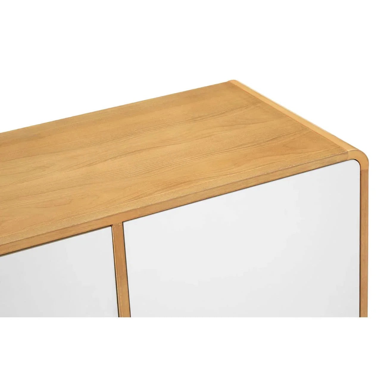 Oak effect sideboard with white panel detail, corner and surface view