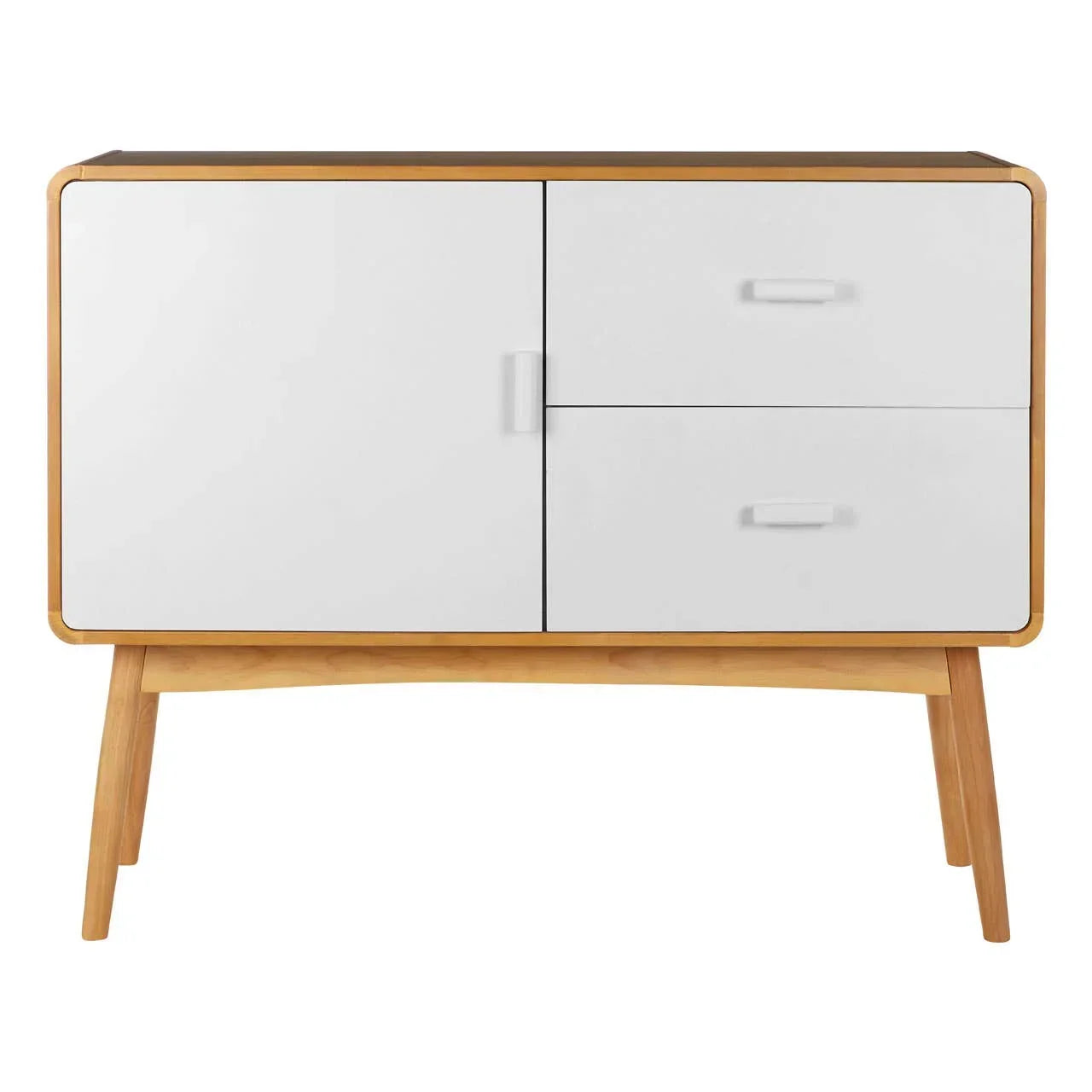 White sideboard cabinet with wooden legs, two drawers and one door, front view