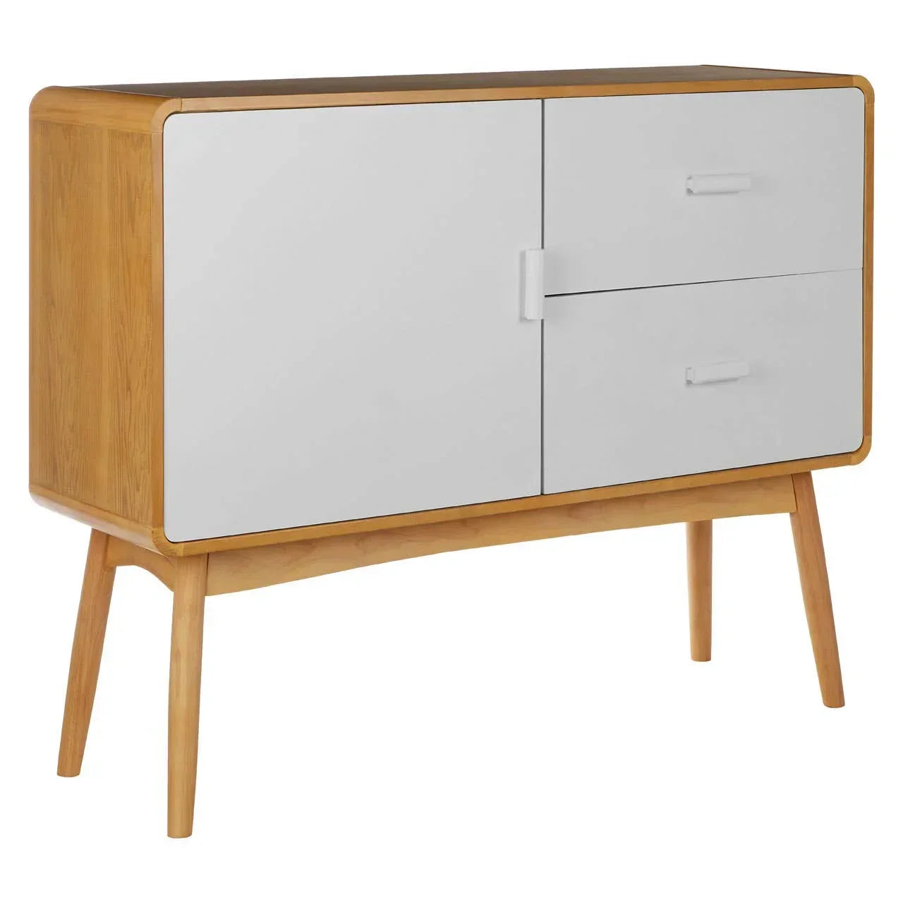 Mid-century sideboard with white doors, drawers and light wood frame, angled legs