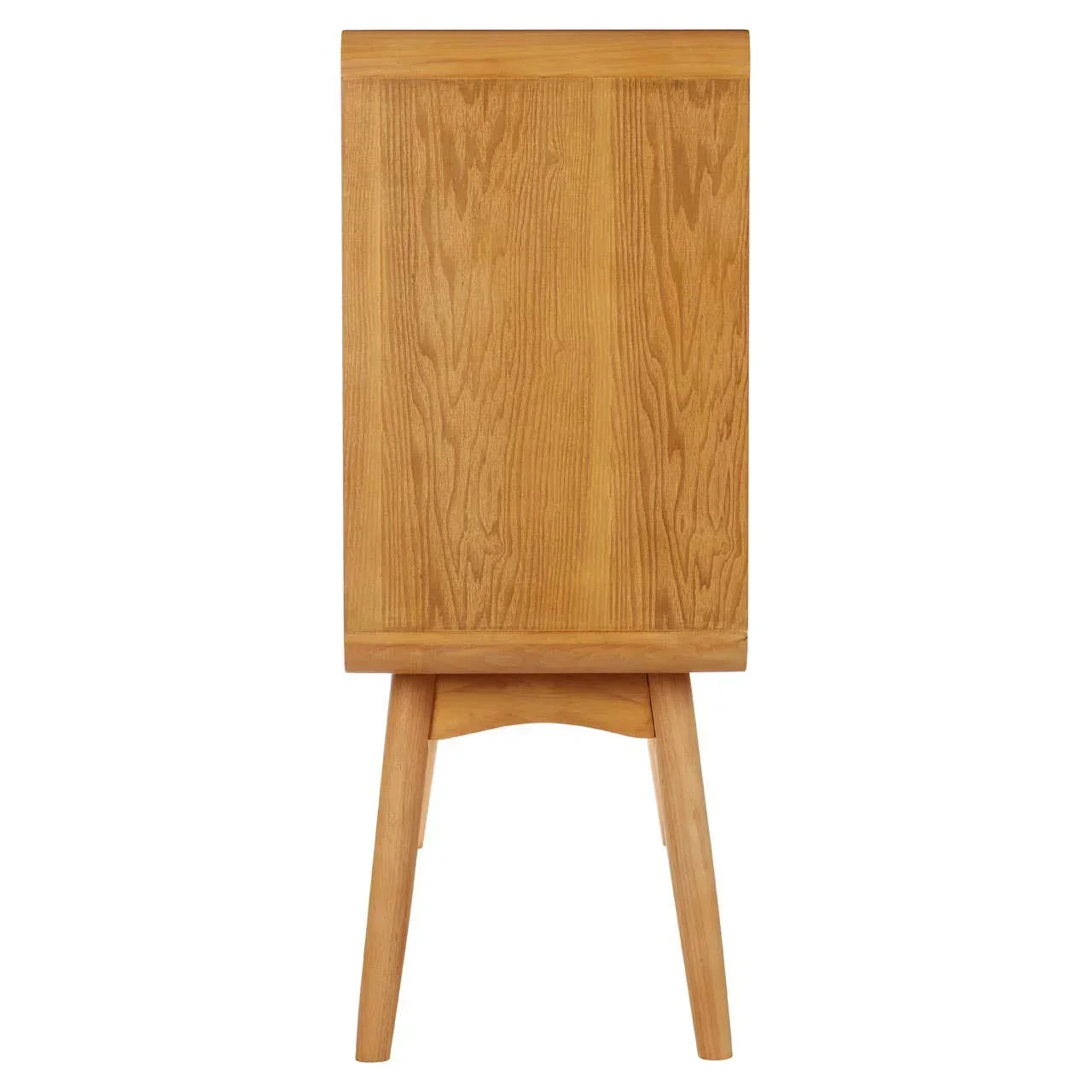 Oak sideboard cabinet rear view with wood grain finish and angled legs