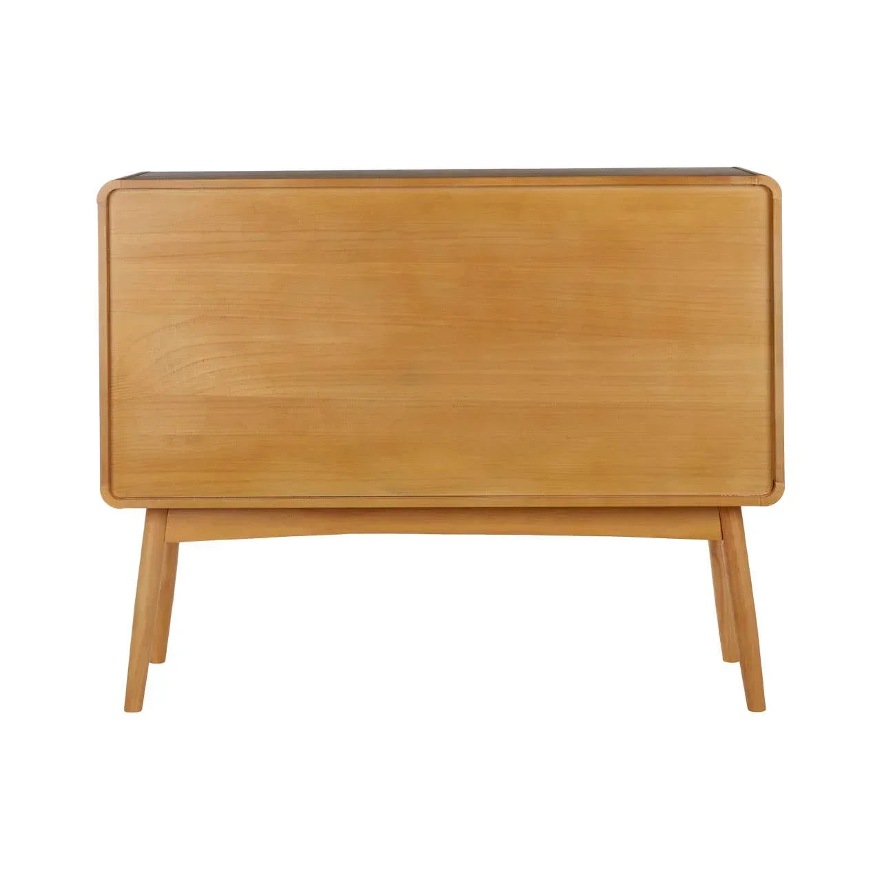Light wood sideboard with minimalist design and angled legs, front view