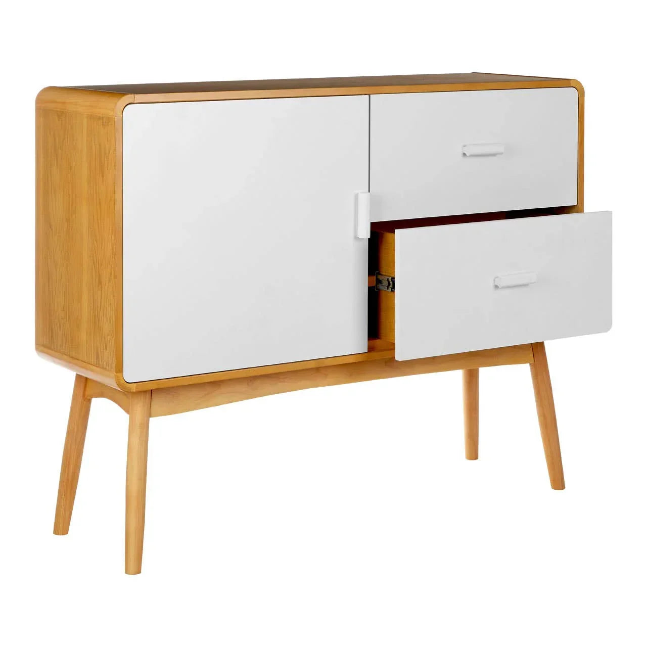 Modern sideboard with white cabinet doors, wooden frame and open drawer on angled legs